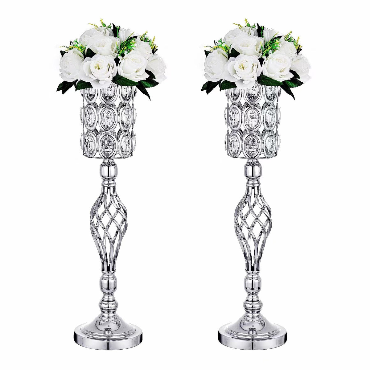 Crystal Wedding Centerpiece Vases for Tables - Set of 2 Metal Silver Vases, 24in Tall Versatile Flower Holders, Elegant Flower Stands for Centerpieces Wedding Party Reception Christmas Home Decor
