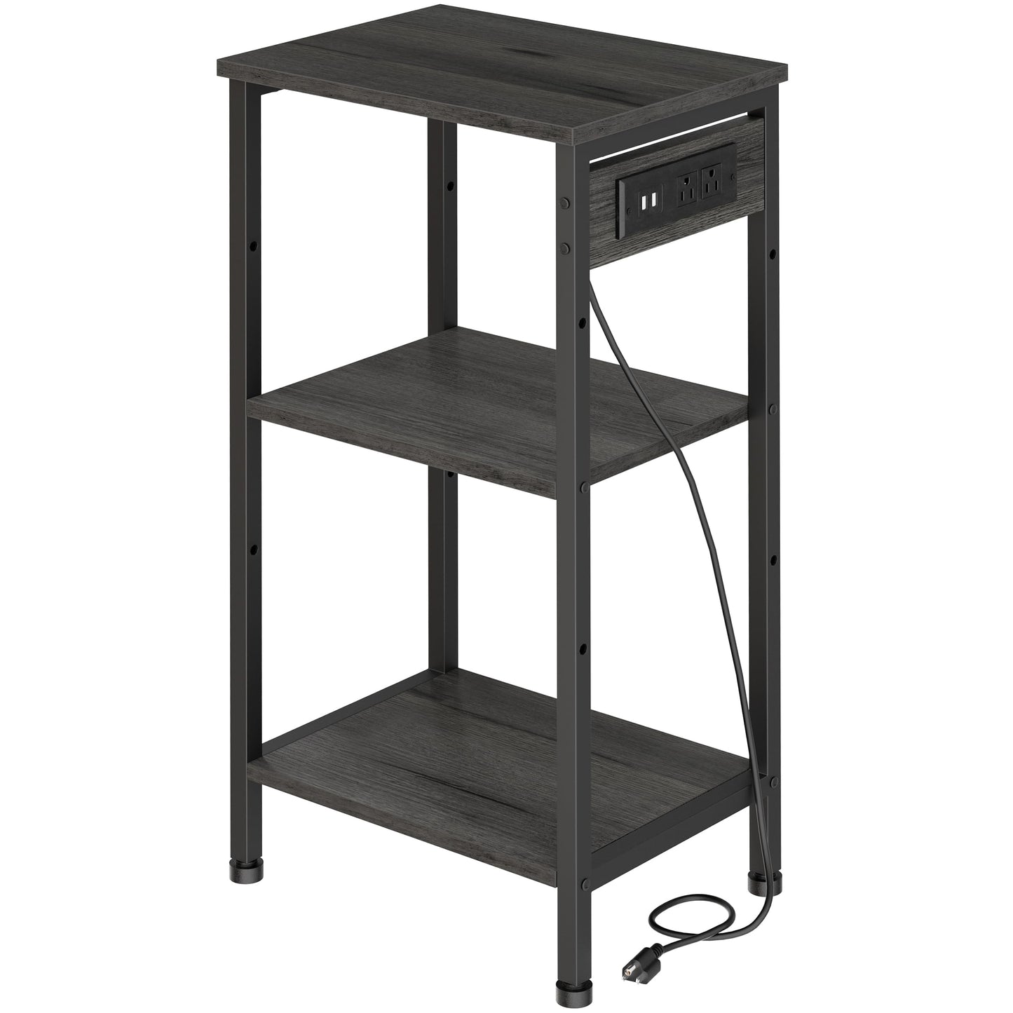 Asgolion Tall End Table with Charging Station, 3 Tier Narrow Beside Table with Adjustable Shelf, Tall Gray Side Table Nightstand for Bedroom, Living Room Coffe Table, Office, Charcoal Grey