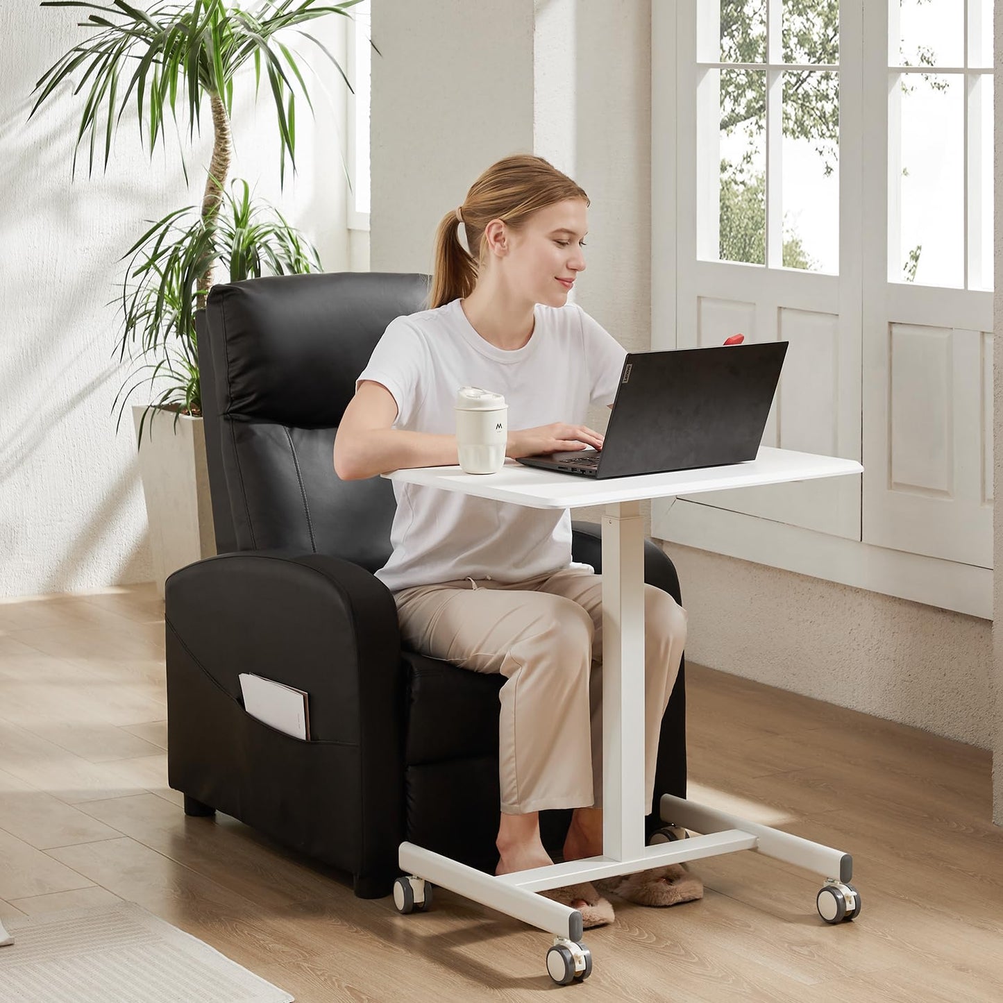 DUMOS Small Rolling Desk Mobile Standing Portable Laptop PC Table with Wheels Adjustable Height Computer Workstation for Home Office, Compact Small Space, Easy Assembly, White