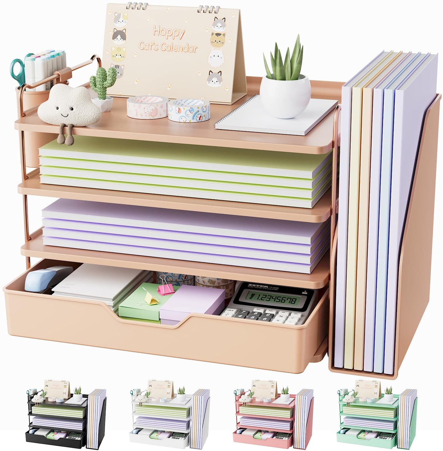 Kitsure Desk Organizer - 4-Tier Office Desk Accessories with Drawer ＆ Pen Holder, Tool-Free Assembly Organizer with Non-Slip Pads, for Office Supplies Storage, Plastic, 13.3" x 8.0" x 10.8", Rose Gold