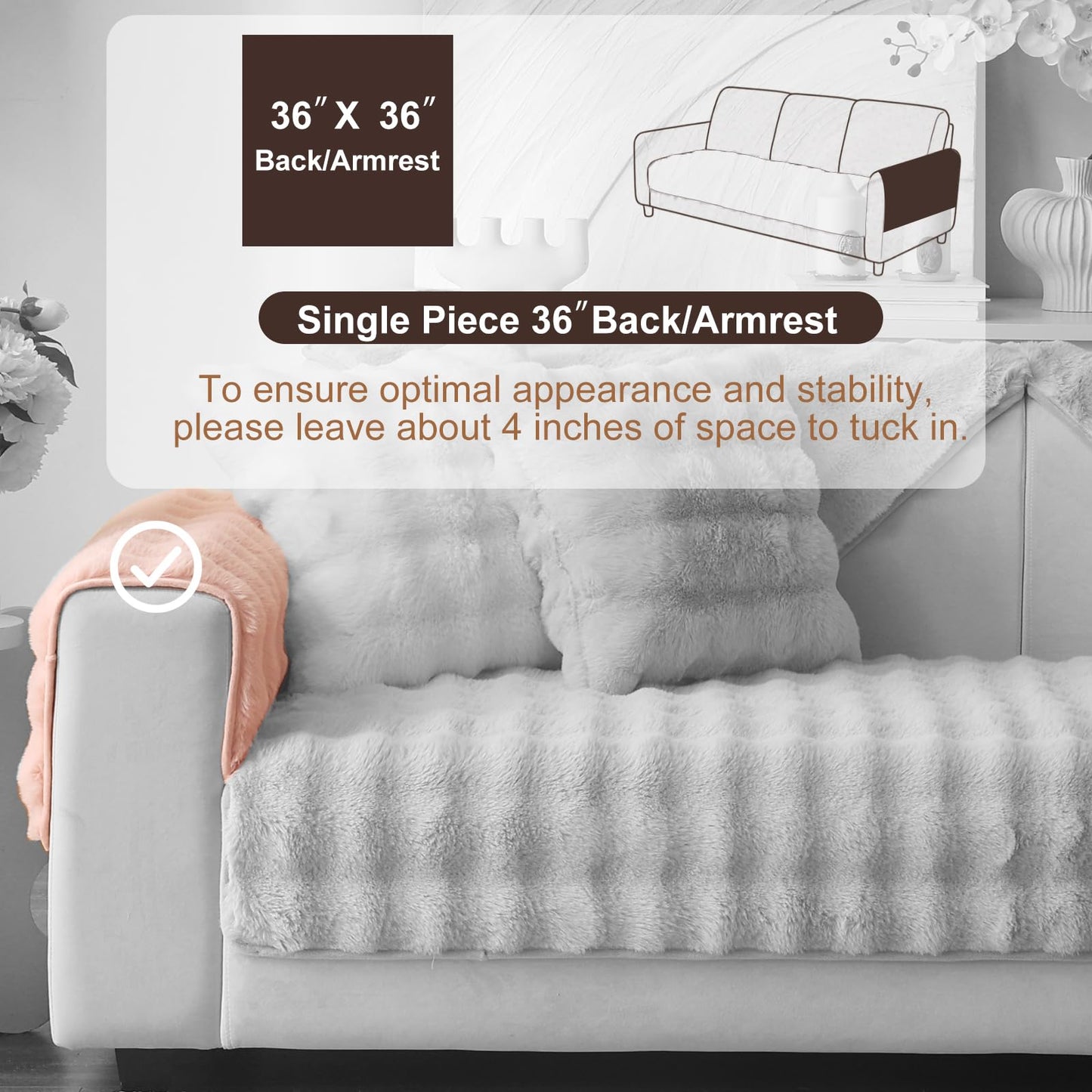 Aucrovee Soft Plush Faux Fur Couch Cover, Thick Warm Fuzzy Sectional Sofa Covers for 3 Cushion Couch Sofa L Sharped Sofa Non Slip Slipcover, Furniture Protector Covers for Pets(1 PCS 36"x36" Pink)