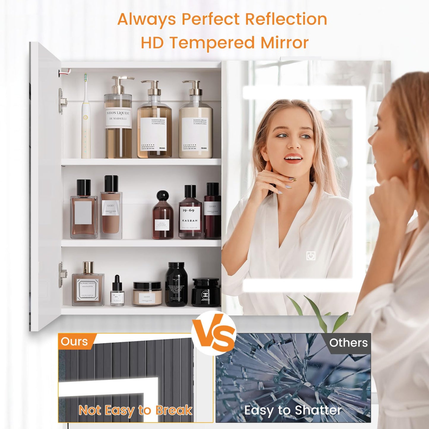 Snughome Bathroom Medicine Cabinet with Mirror & LED Lights, Wall Mount Bathroom Mirror with Storage, Built-in Power Outlets, Dimmable 3 Color Temp, Anti Rust Easy to Install, 31.5" x 23.6"