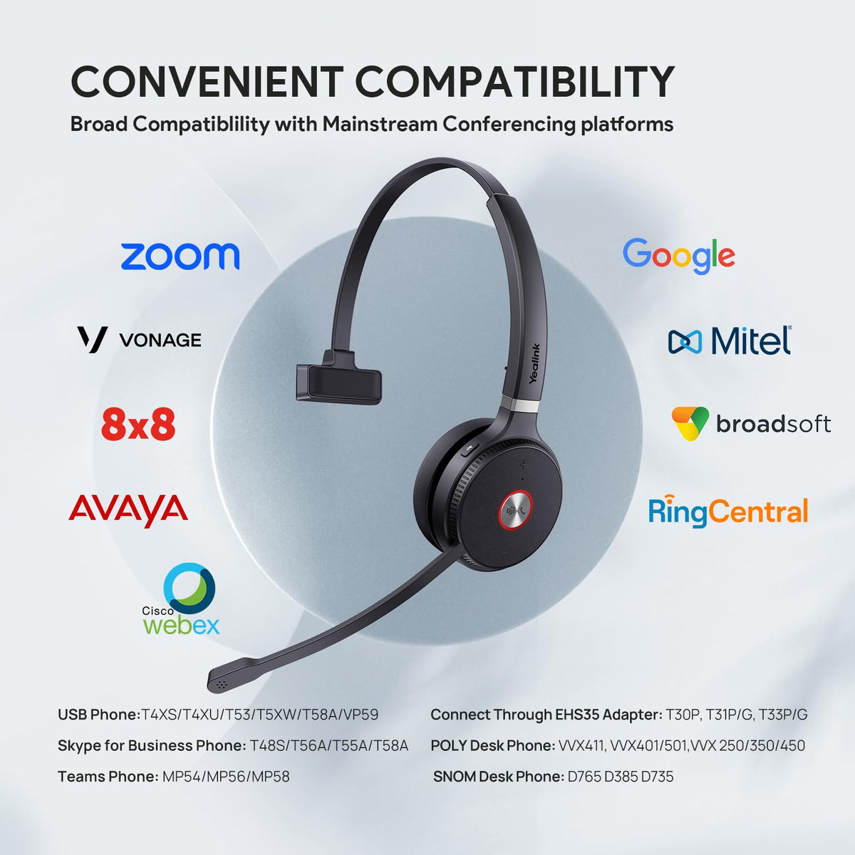 Yealink WH62 DECT Mono Teams Wireless Headset, 525 ft Range Work Headphone with 2X Noise Canceling Mic for IP Phone and Computer, Single Ear Headset with Call Control, Ringer,13H Talk Time