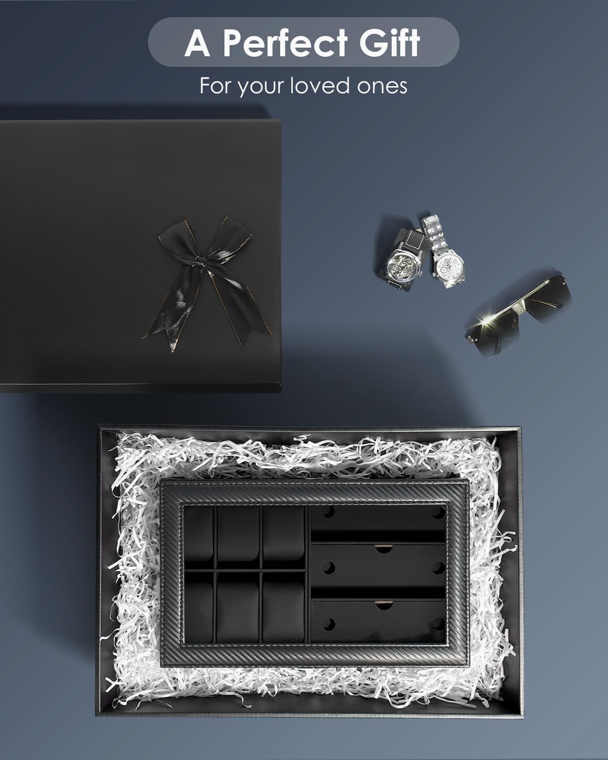 Kukikan Watch Jewelry Box Organizer, 6-Slot 2-Layer Case and Sunglasses Storage with Large Glass Lid, Men's Jewelry Box with Lock, Watch Holder Display Case, Fathers Day Gift, All Black