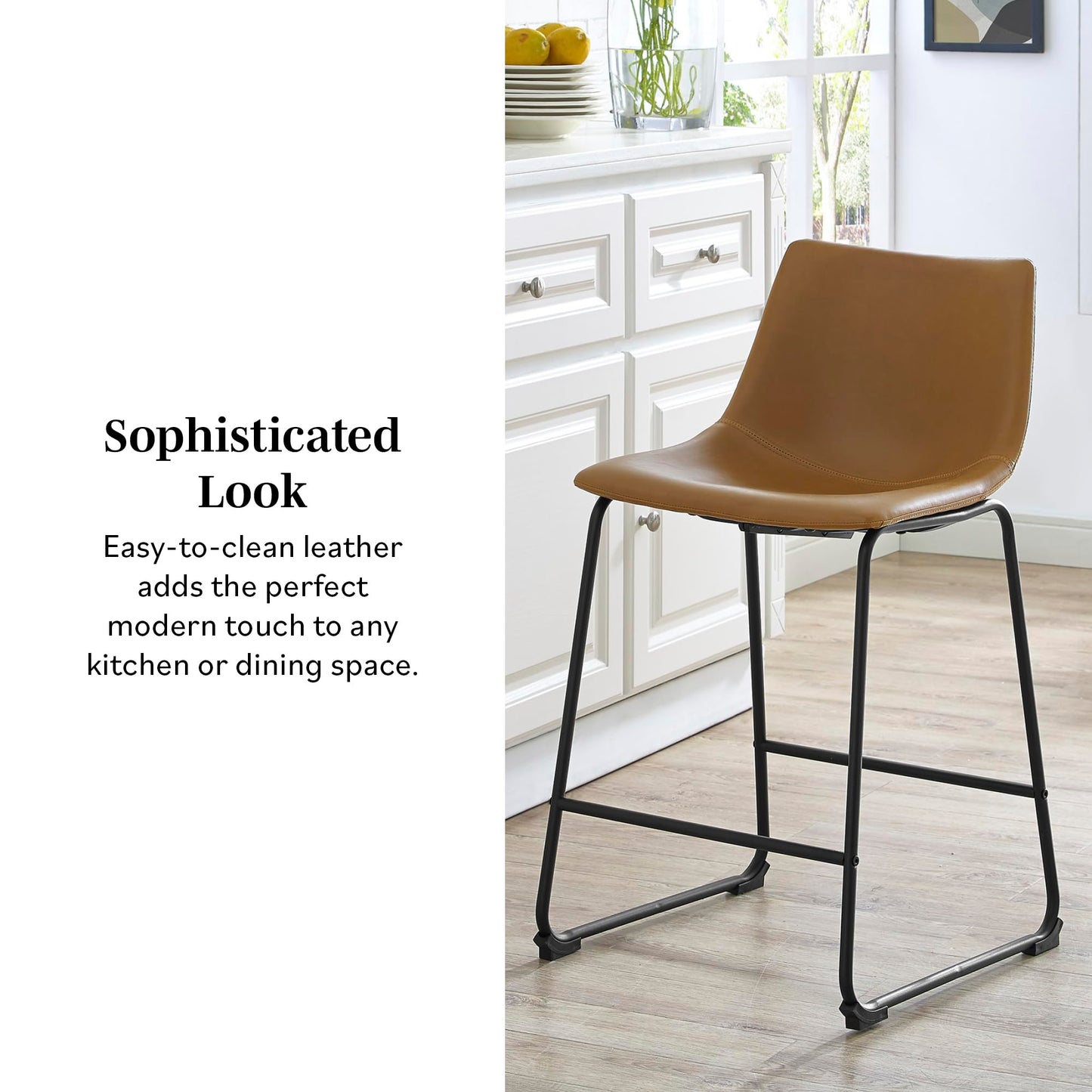 Walker Edison Douglas Urban Industrial Faux Leather Armless Counter Chairs, Set of 2, Whiskey Brown