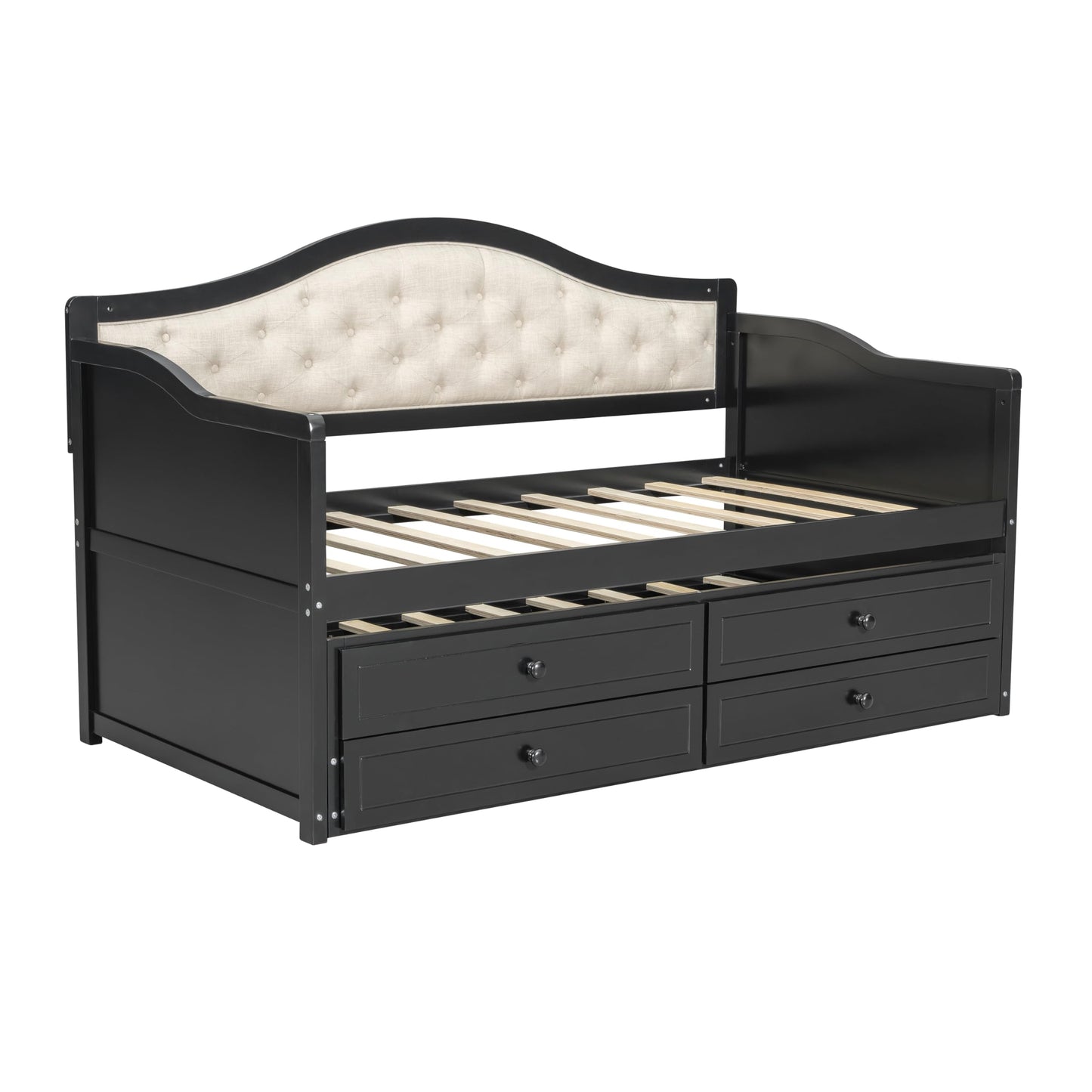 Twin Daybed with Trundle and Storage Drawers, Upholstered Button Tufted Sofa Bed for Guest Room, Modern Wooden Daybed with Pull Out Bed, Space Saving Design for Small Space, Bedroom, Dorm, Black