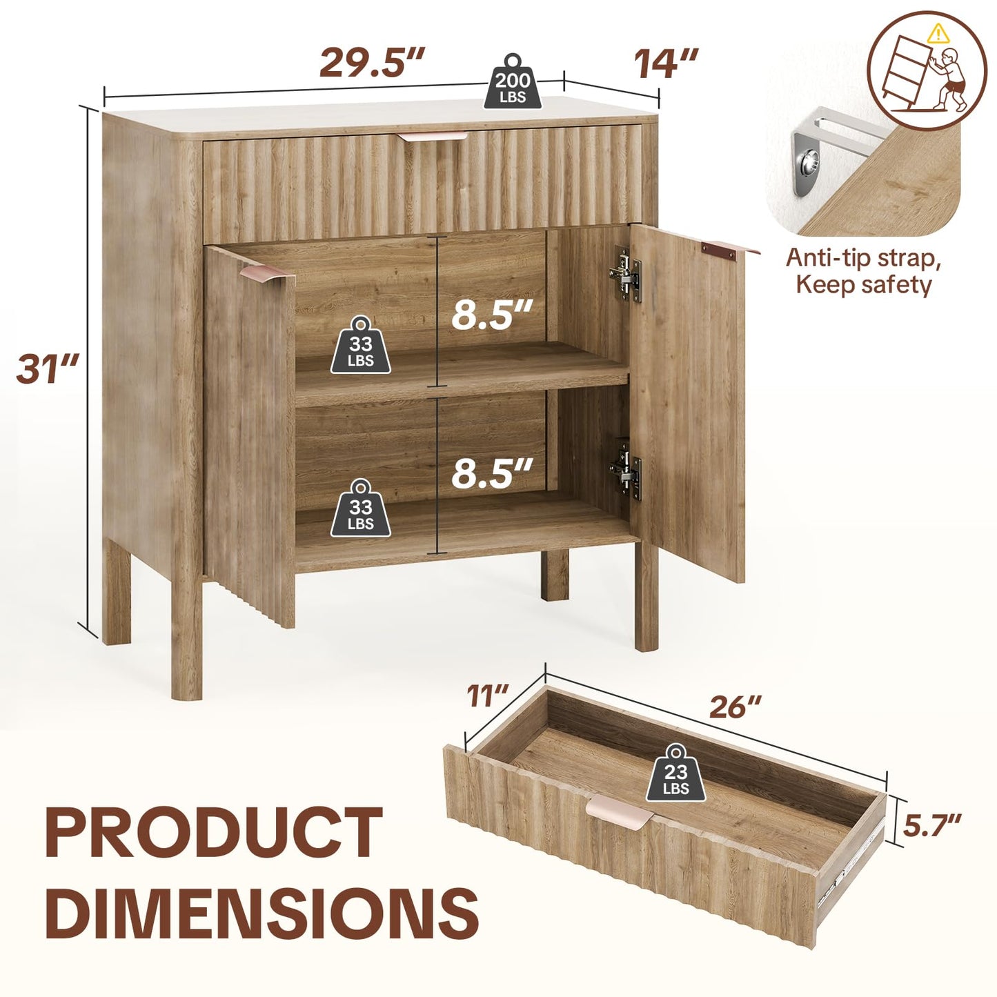 Fluted Buffet Cabinet with Storage - Modern Sideboard Accent Credenza with Doors & Drawer Wood Console Coffee Table Bar Counter for Living Room Kitchen Dining Room Entryway, Easy Assembly 31" Oak