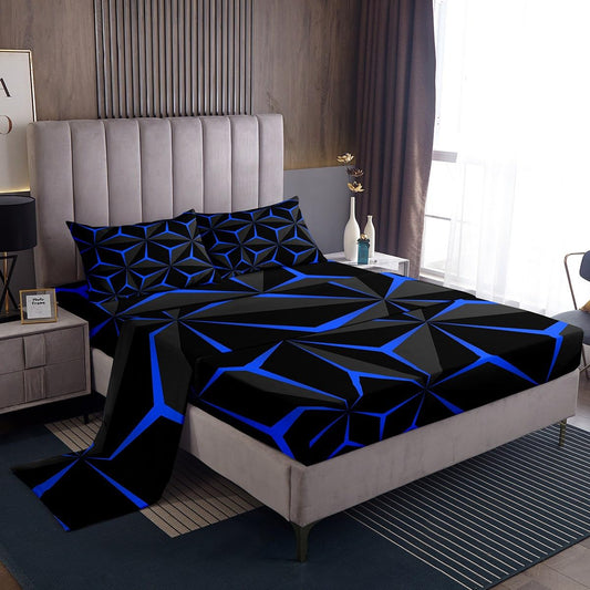 Feelyou Neon Honeycomb Sheet Set Twin Size,Geometric Stereoscopic Theme Teens Boys Bedding Set,Adults Bedroom Decoration 3D Blue Print Fitted Sheet All Season
