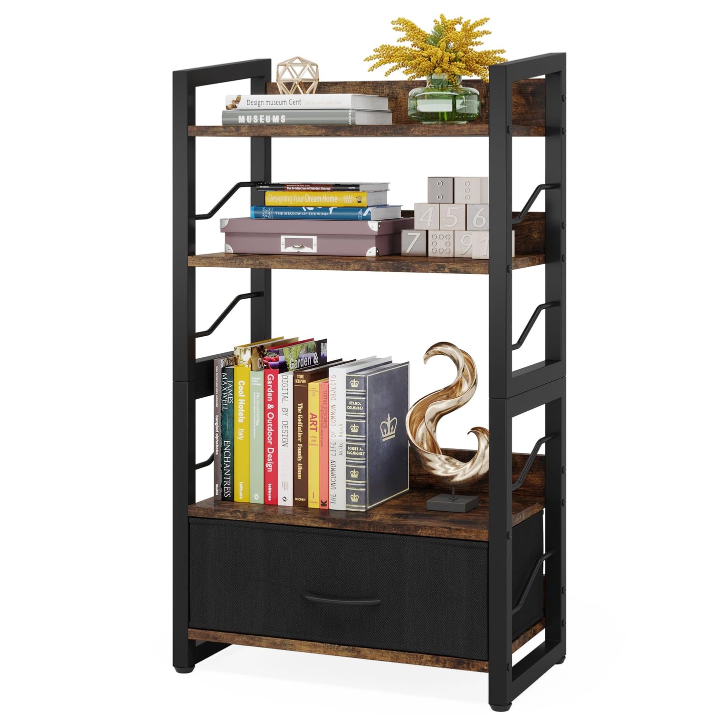 Hosfais Small Bookshelf with Drawer: 4-Tier Wood Book Shelf Industrial Narrow Bookcase Storage Organizer Metal Stackable Shelves for Desktop Bedroom Living Room Home Office (Rustic Brown)