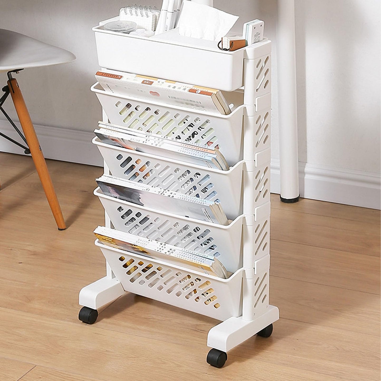 Removable Plastic Bookshelf for Home Study Room - 5 Tiers Mobile Storage Organizer Shelf With Wheels - Book Rack Cart
