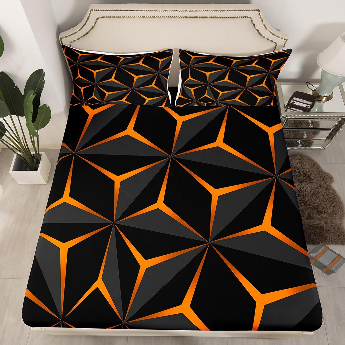 Feelyou Neon Honeycomb Sheet Set Twin Size,Geometric Stereoscopic Theme Teens Boys Bedding Set,Adults Bedroom Decoration 3D Orange Print Fitted Sheet All Season