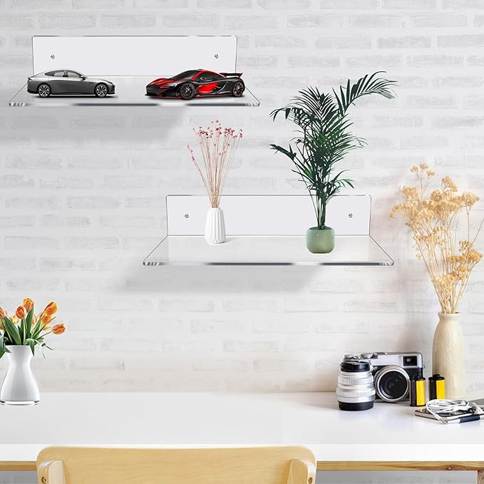 Jansburg 12 Inch L-Shaped Acrylic Floating Shelf Clear Wall Mounted Shelves
