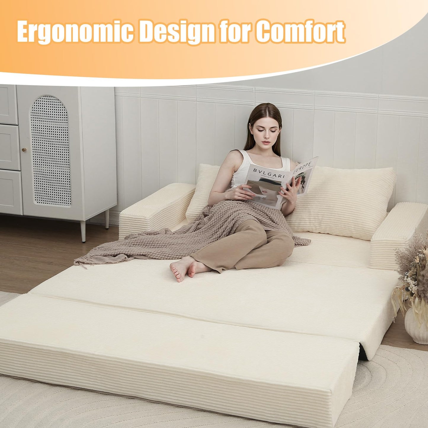 COMAX Convertible Sofa Bed Queen, Corduroy Folding Floor Couch Pull Out Couch Bed Futon Sleeper with Pillows, Fold Out Boneless Sofa Comfy Lounge Mattress Loveseat for Living Room Bedroom, Beige
