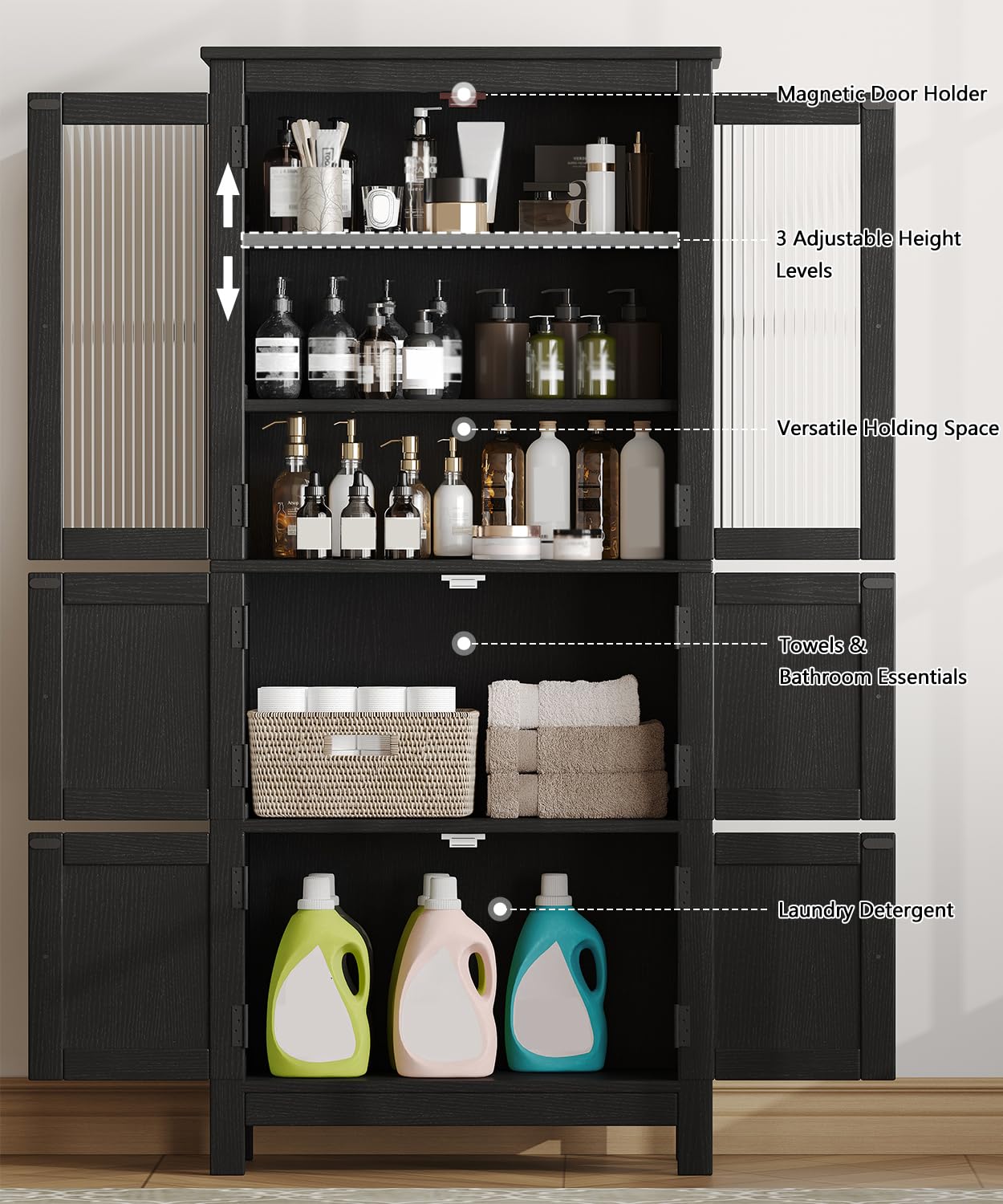 Akxomel 53.1" H Tall Bathroom Storage Cabinet, Bathroom Floor Cabinet with 6 Doors and Adjustable Shlef, Linen Cabinet, Pantry Cabinet for Living Room, Kitchen, Entryway, Black