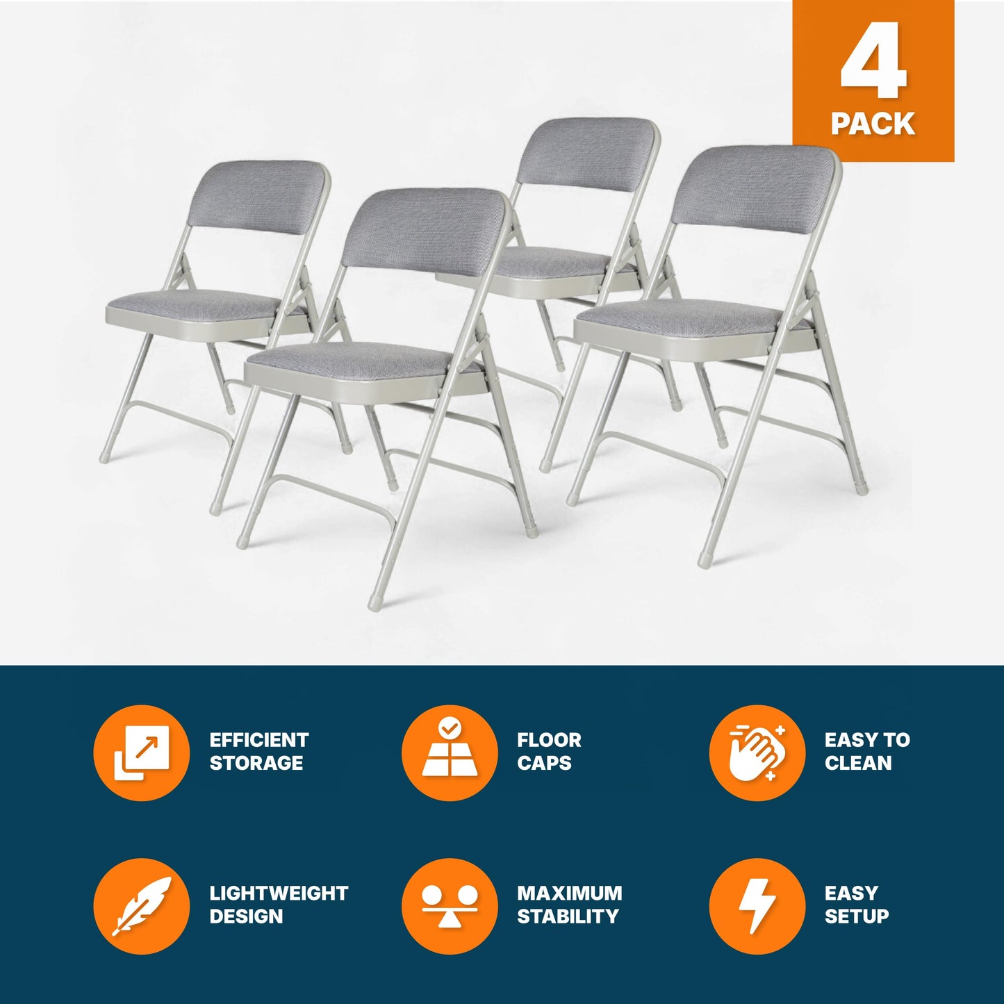 OEF Furnishings OEF2300 Series Heavy-Duty Premium Fabric Padded Upholstery Double-Hinged Triple-Braced Folding Chairs (4-Pack, Slate Gray)