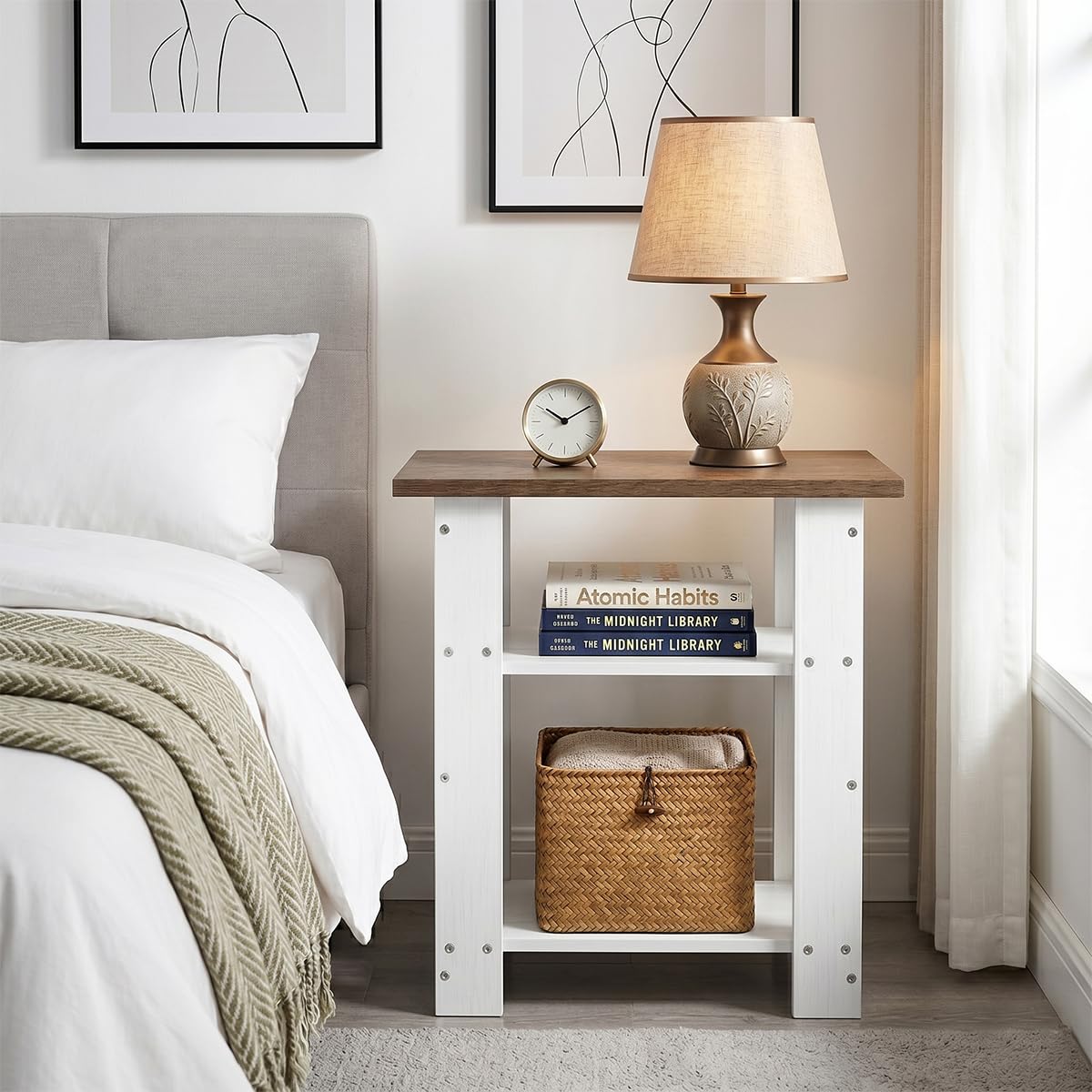 ZEXVIDA White Side Table with Oak Top, 3 Tier Modern Farmhouse End Table, Narrow White Nightstand for Bedroom, Nursery, Living Room, Coastal Small Bedside Table with Storage Shelves, 22.8" H