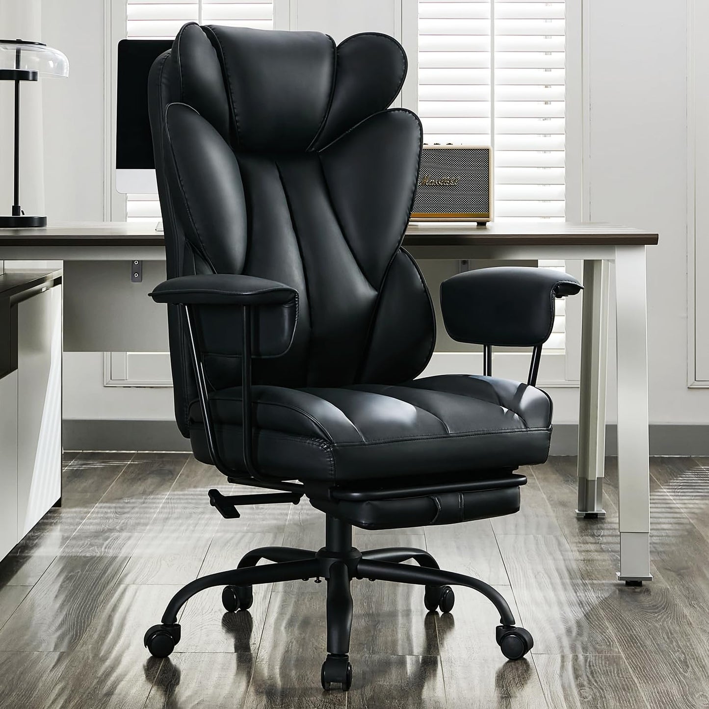 LukkDys Big and Tall Office Chair,High Back Leather Gaming Chair with Footrest,Lumbar Support,Outward Fixed Soft Armrests,Wide Ergonomic Desk Chair (Black)