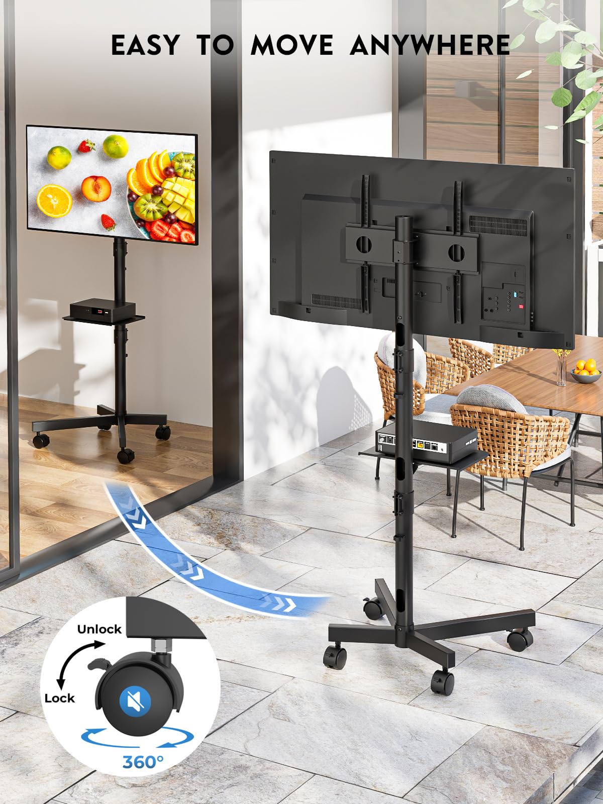 BONTEC Mobile TV Stand for 23-65 Inch TVs, Rolling TV Stand with Locking Wheels, Adjustable Height, Media Shelf, Outdoor TV Stand Max VESA 400x400mm, Holds Up to 88lbs