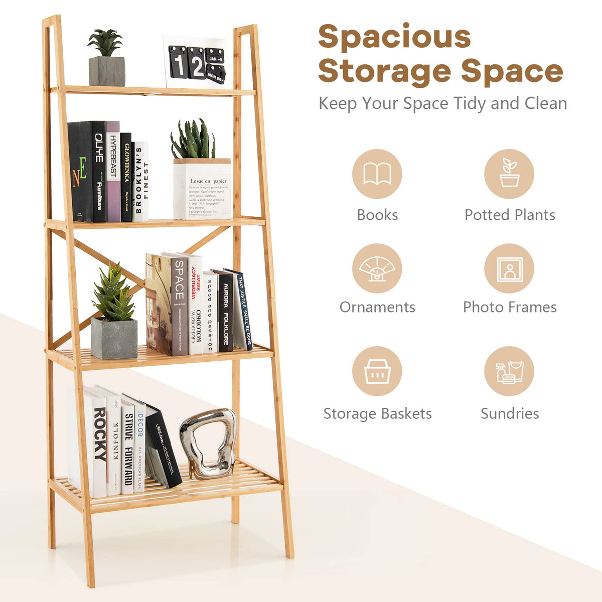 Giantex 4-Tier Bamboo Bookshelf, Multifunctional Storage Display Rack Shelves with Anti-Tipping Device, Natural Bamboo Ladder Shelf for Home Office Kitchen Bathroom