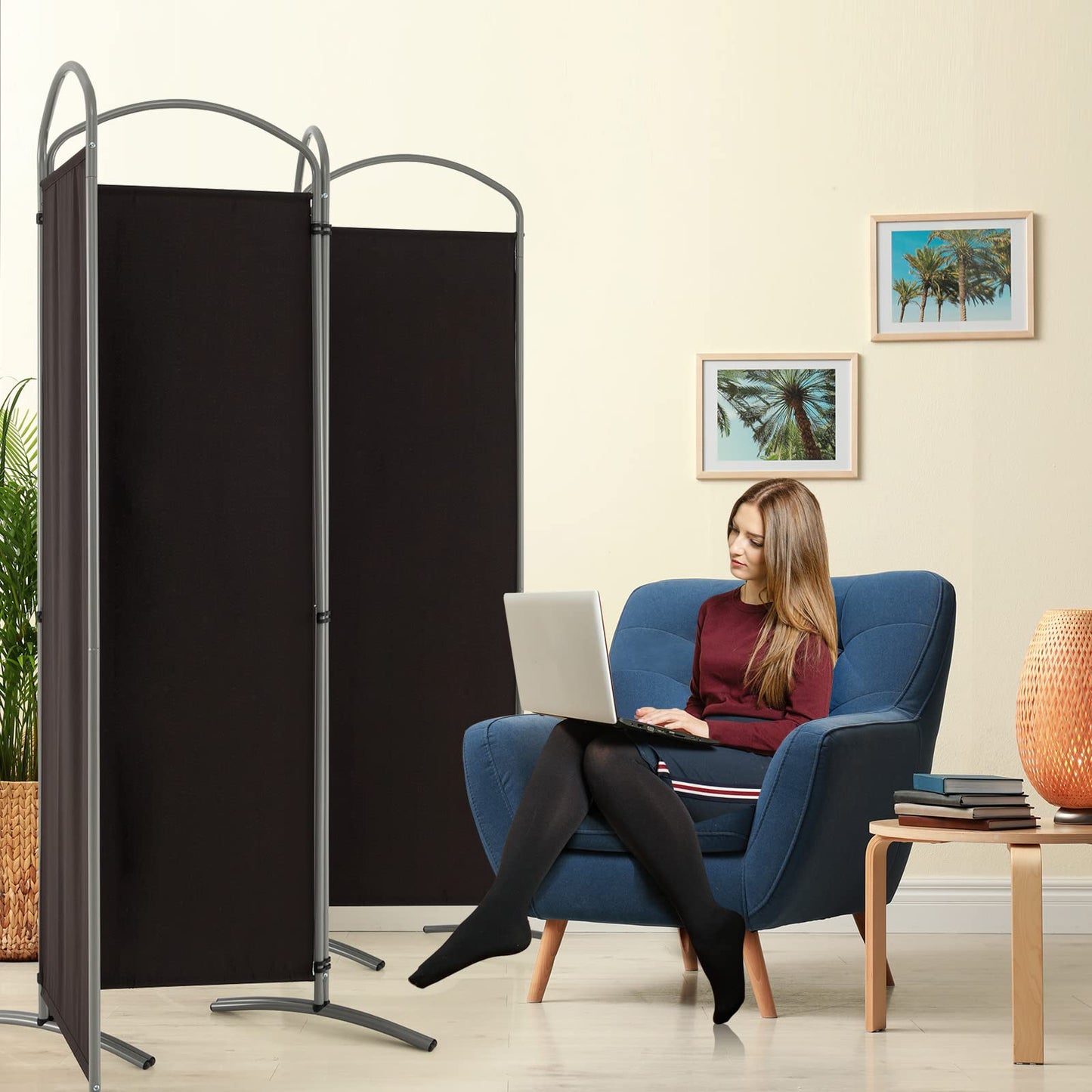Giantex 6.2Ft Folding 4-Panel Room Divider Brown- 87" Wide Freestanding Foldable Fabric Privacy Screen, Lightweight Portable Partition Wall Divider and Separator for Home Office, Apartment, Studio