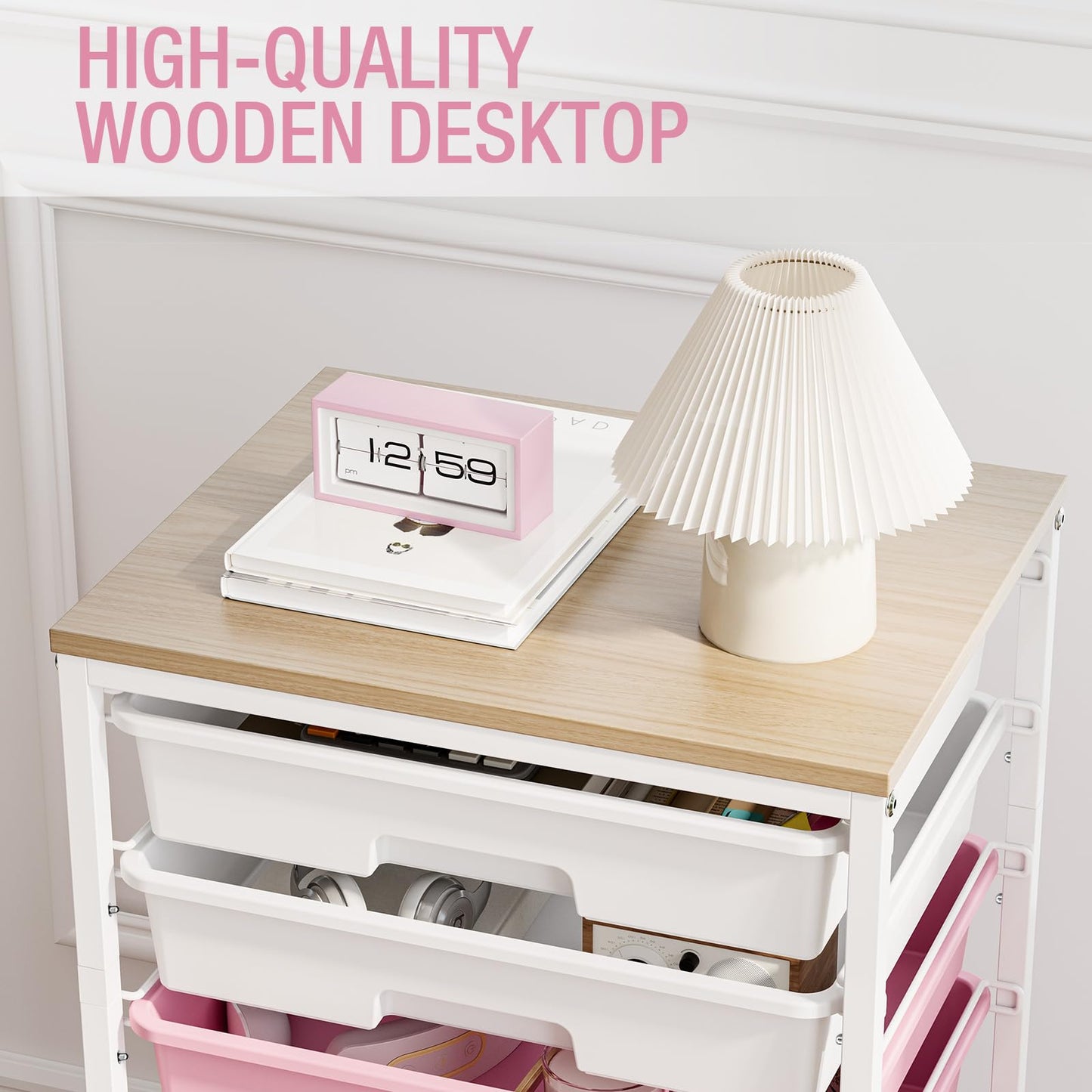 Rolling Cart with Drawers, Pink Cart with 8 Plastic Drawer Storage and Wooden Tabletop, Craft Storage, Teacher Cart, Storage Cart on Wheels, Rose Pink