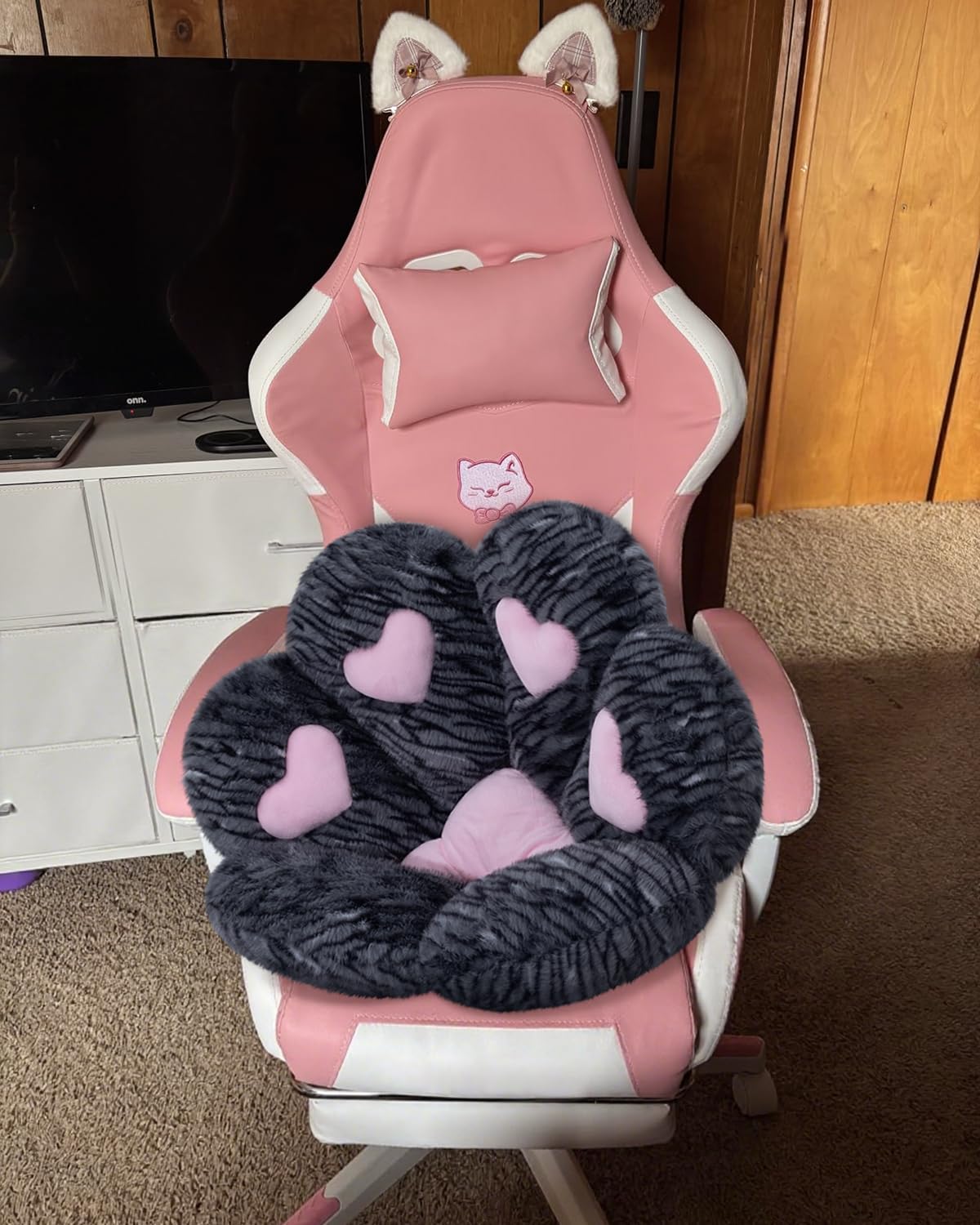 MOONBEEKI Cat Paw Cushion Chair Comfy Kawaii Plush Seat Cushions Shape Lazy Pillow for Gamer Chair 28"x 24" Cozy Floor Cute Seat Kawaii for Girl Worker Gift, Dining Room Bedroom Decorate （Black Silve）