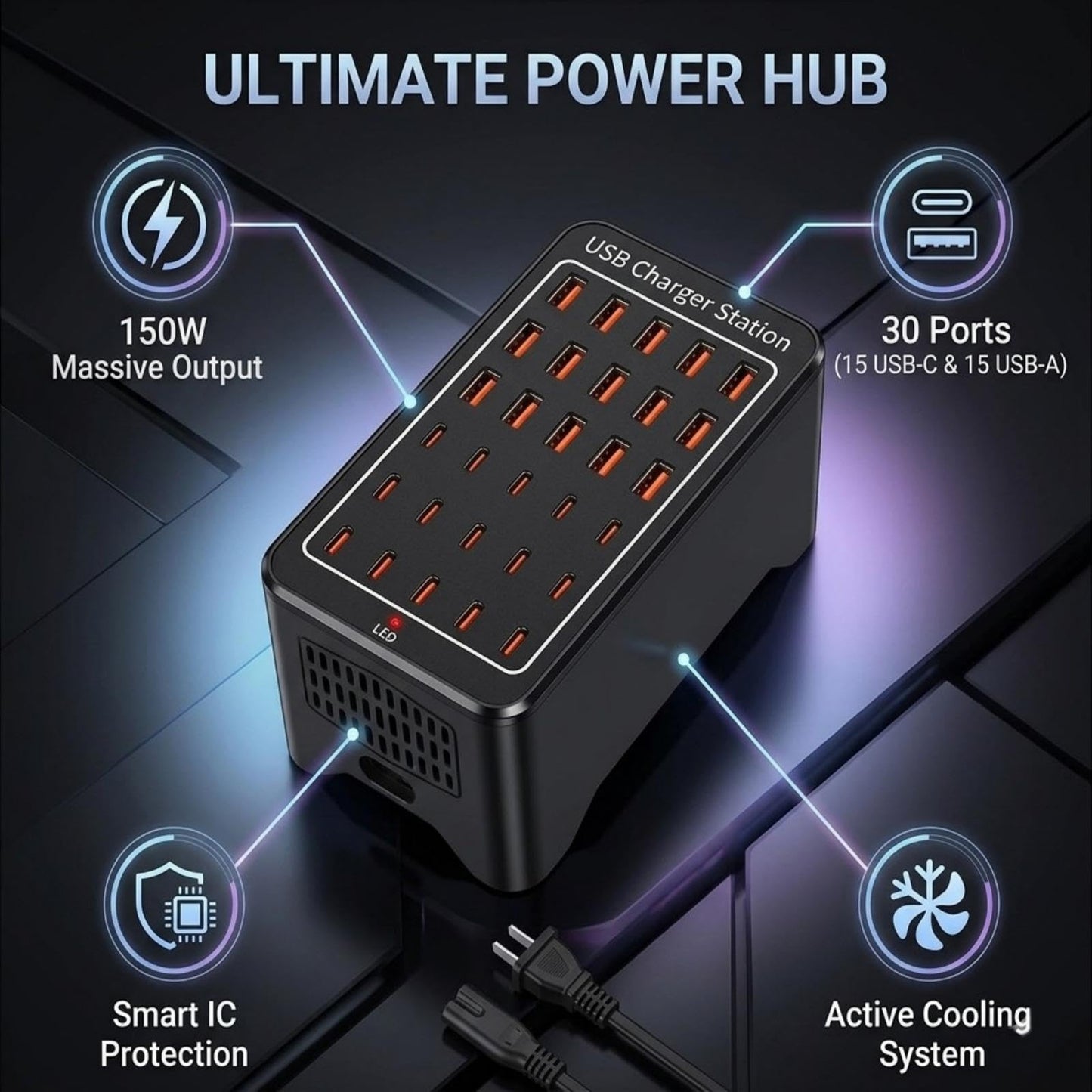150W USB C Charging Station, 30 Port Fast Multi Device Charger (15 USB-C + 15 USB-A) Desktop Charger Hub, Compatible with iPhone Samsung iPad Google Pixel Tablets & Other USB Electronics