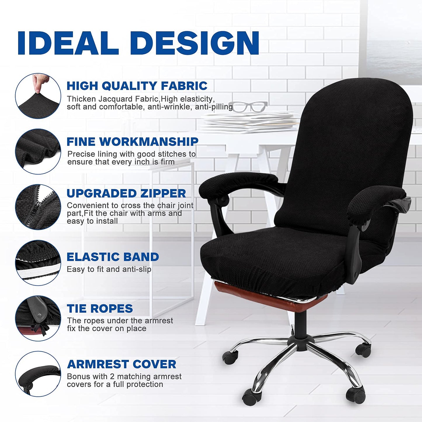 NeColorLife Office Chair Cover with Armrest Covers Stretchable Desk Chair Cover Thick Checked Jacquard High Back Office Seat Cover for Universal Rotating Chair (Large Size,Black)