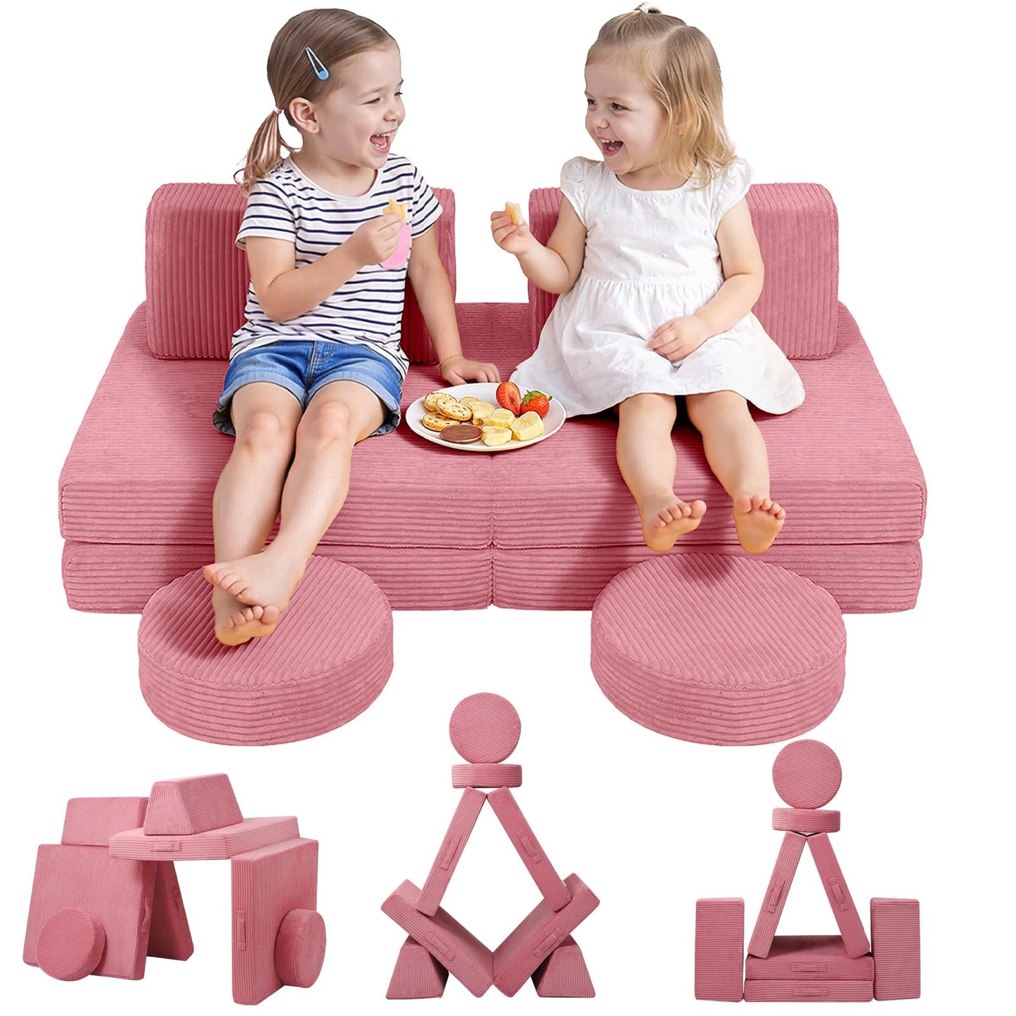 MeMoreCool Kids Couch for Playroom, Corduroy Convertible Toddler Couch, 8 Piece Modular Play Sofa, Foam Fort Building Set for Child Room Furniture, Pink