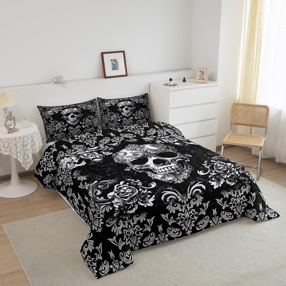 Castle Fairy Sugar Skull Duvet Cover Set Twin Size for Kids Teens Boys,Damask Floral Bedding Sets Girls Women Gothic Style Room Decor,Black Grey Ombre Flower Quilted Duvet 2Pcs 1 Pillowcase