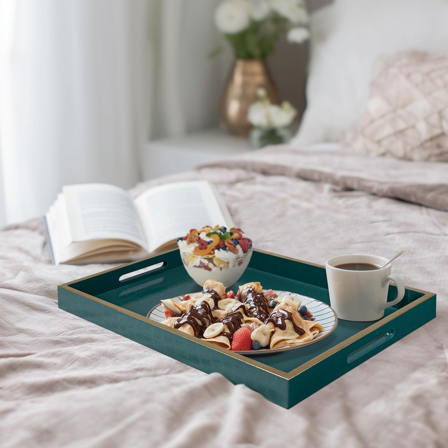 MAONAME Faux Leather Tray, Rectangular Serving Tray with Handles, Green Decorative Trays for Coffee Table, Shagreen Ottoman Trays for Living Room, Office, 17" x 12"