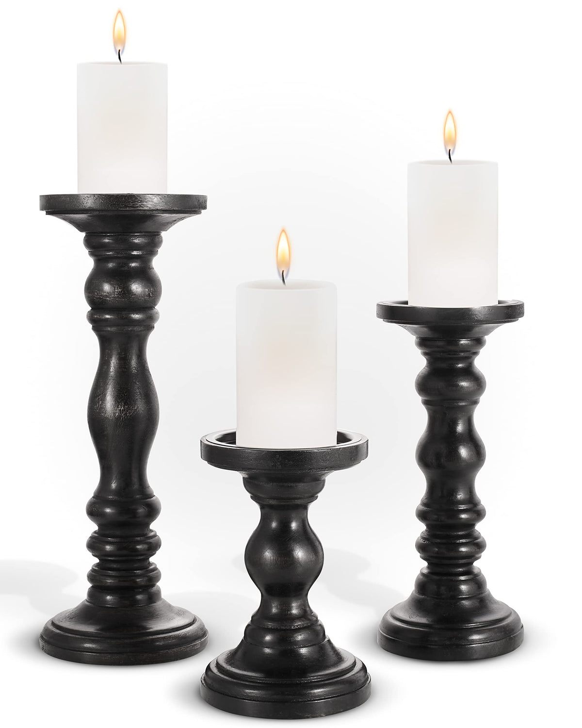Large Candle Holders for Pillar Candles - Decorative Rustic Centerpiece Pillars Compatible with Battery-Operated Candles - Tall Farmhouse Wooden Candle Holders Pillar - Set of 3