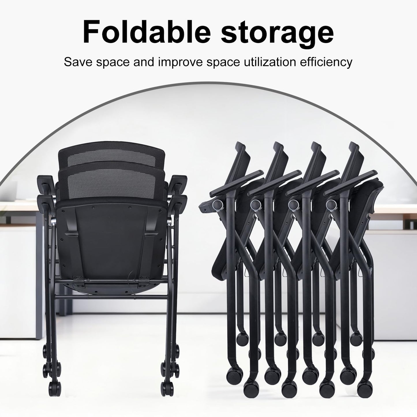 BROBRIYO Upgraded Folding Chair with Wheels and Padded, Ergonomic Mesh Back and Arms for Office, Meetings, Conferences, Receptions, Training Rooms & Folding Office Chairs