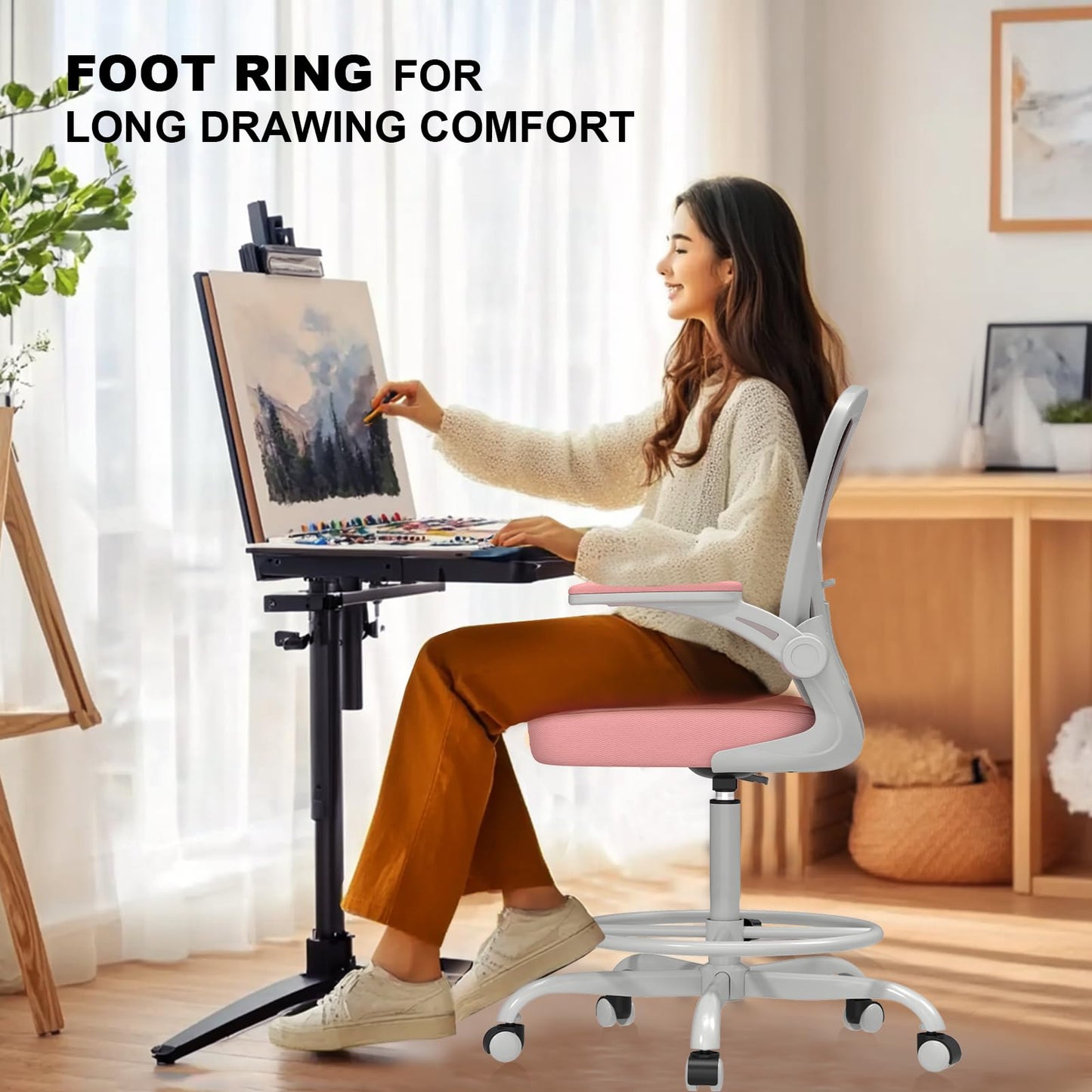 Synorla Ergonomic Drafting Chair, Tall Mesh Office Chair with Flip-up Armrests, Lumbar Support & Adjustable Footrest Ring for Standing Desk Gray Pink