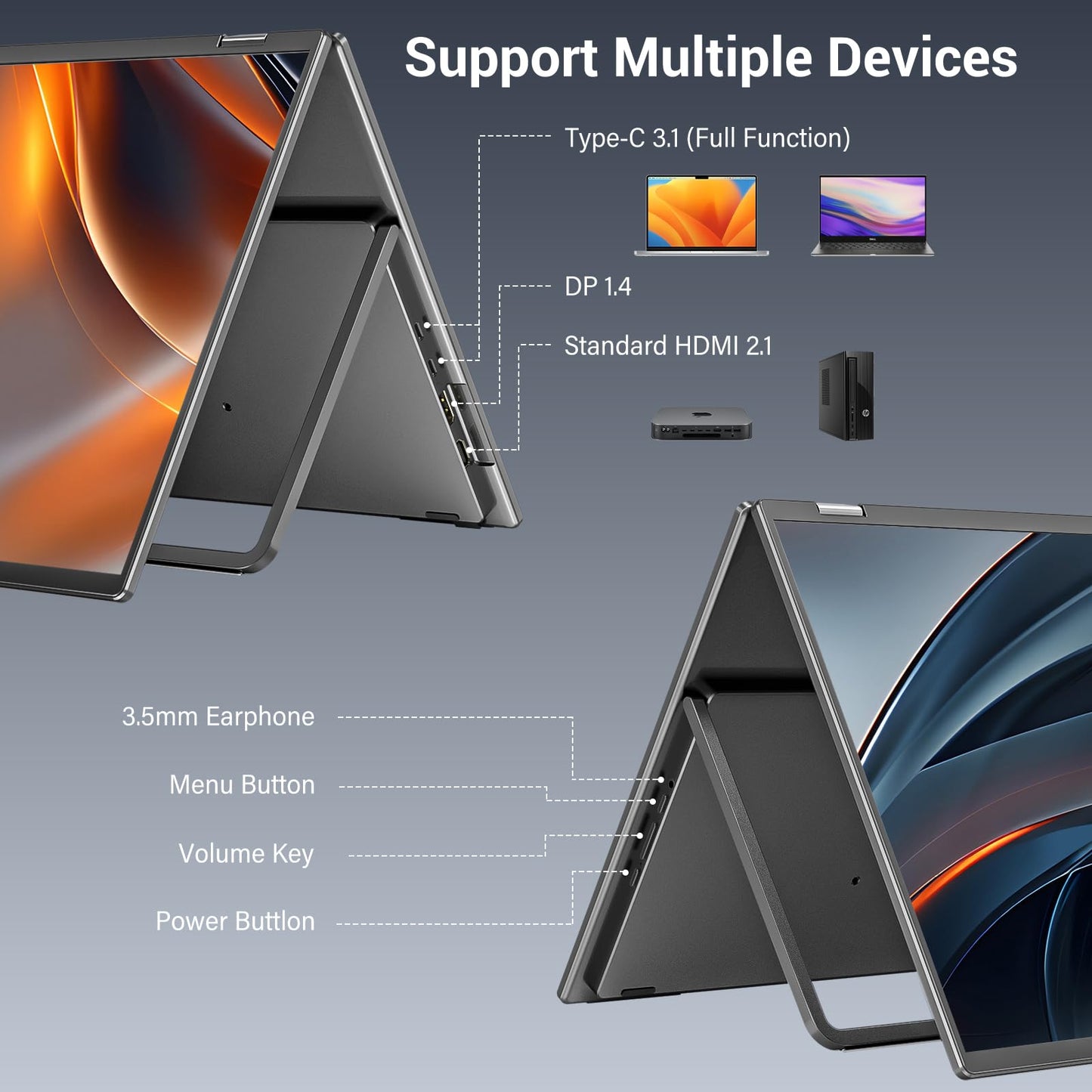 InnoView 18.5" Dual Portable Monitor 100Hz 2K 2560x1600P 100% sRGB Foldable & Stackable Design with 315° Screen Adjustment | DP/USB-C/HDMI, Second Monitor for Laptop, Mac, Windows