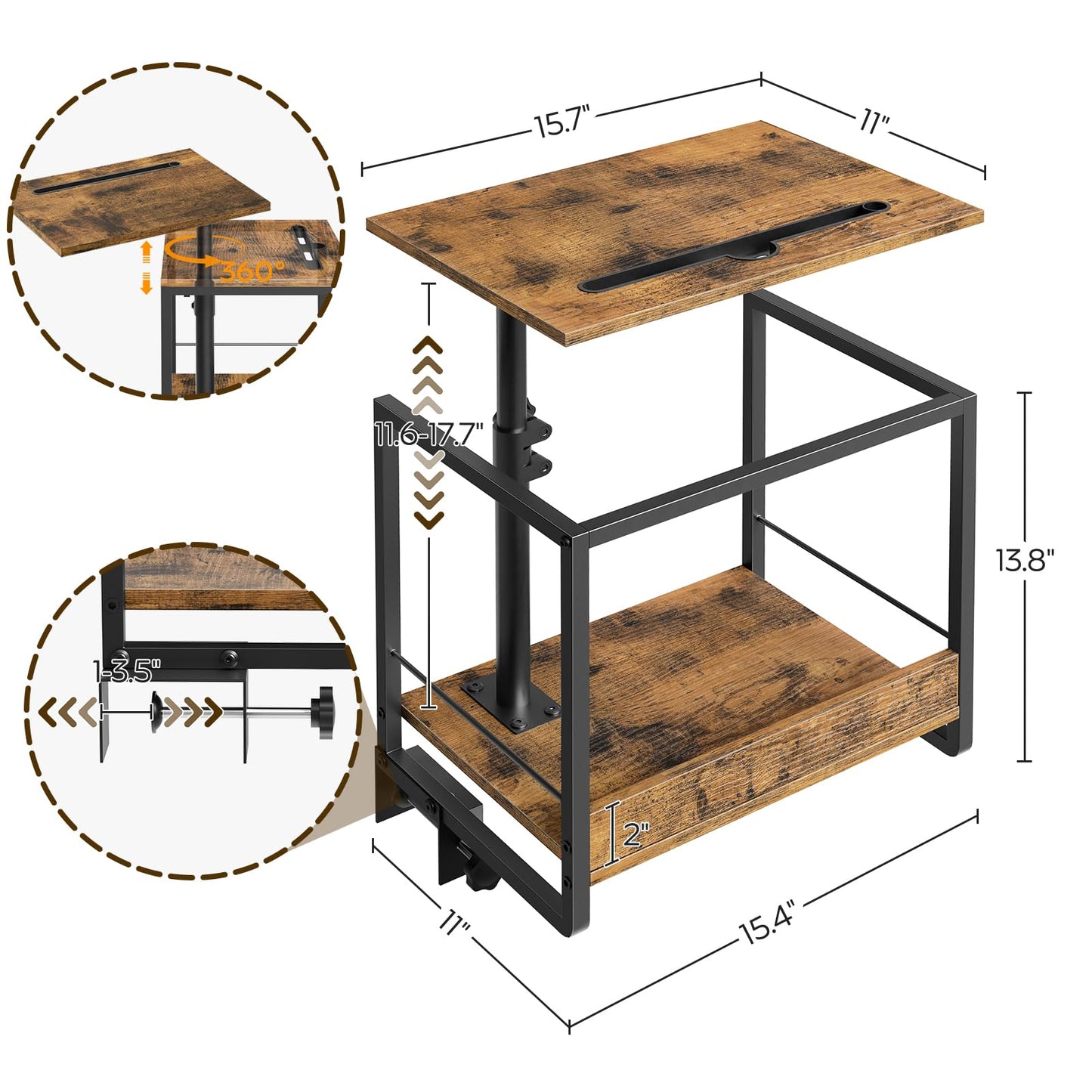 YATINEY Bedside Shelf, Bunk Bed Shelf with Storage and 360° Rotating, Clip-on Loft & Bunk Bed Tray Shelf, Nightstand for College Dorm Room, Apartment, Rustic Brown and Black ET21BR