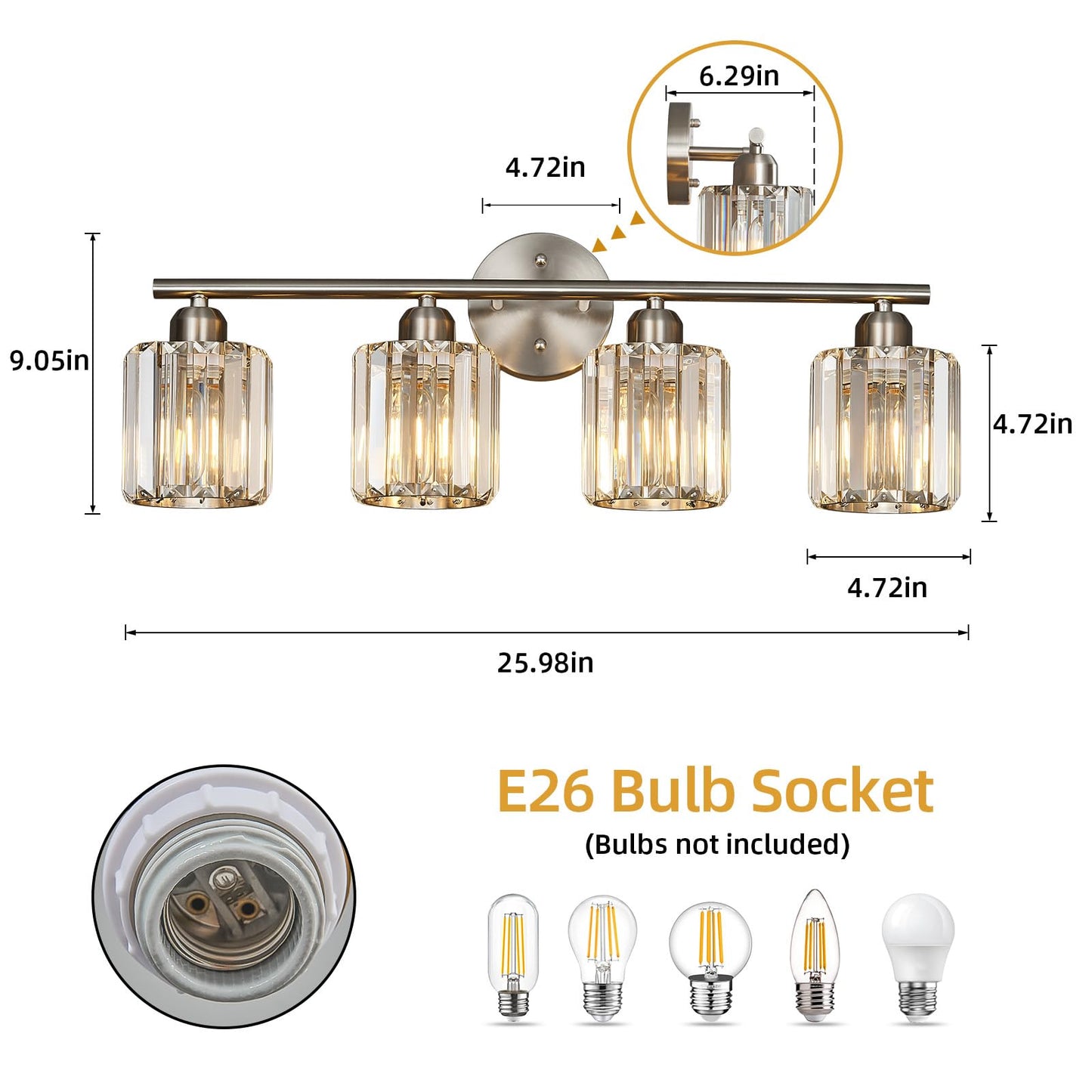 FDPBY Modern 4 Light Crystal Vanity Light, Brushed Nickel Vertical Bathroom Light Fixture Over Mirror for Dressing Table Sink, Compatible with Dimmable Bulbs (Bulbs Not Included)