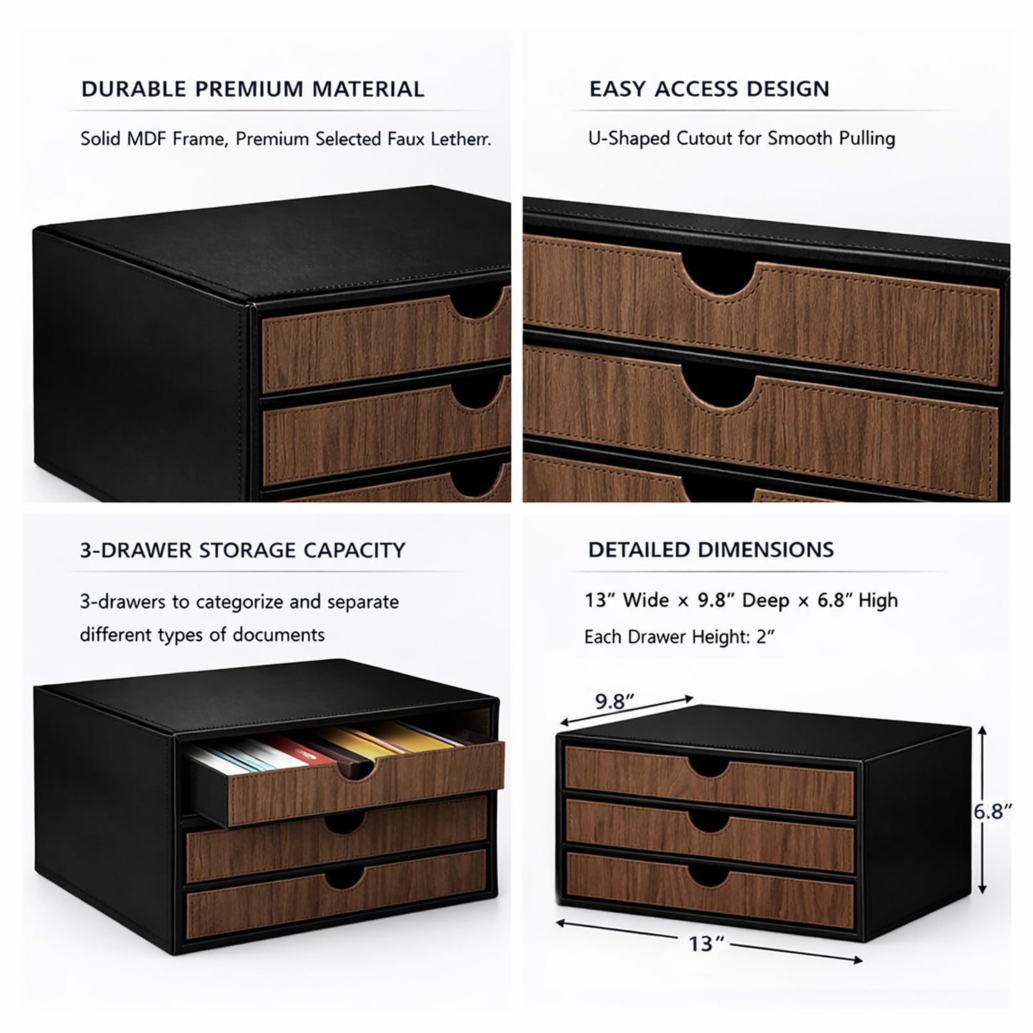 UnionBasic Document Organizer, 3-Drawer File Cabinet Document Storage Box, Office Desktop Filing Organizer, Black with Wood Grain Drawers