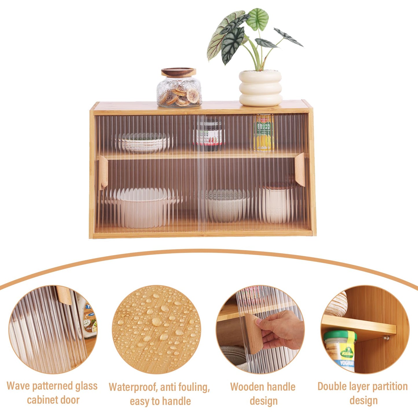 Tiita Small Kitchen Pantry Cabinet, Bamboo Sideboard with Glass Doors, Cupboard Food Pantry Cabinet for Kitchen, Living Room and Dinning Bedroom