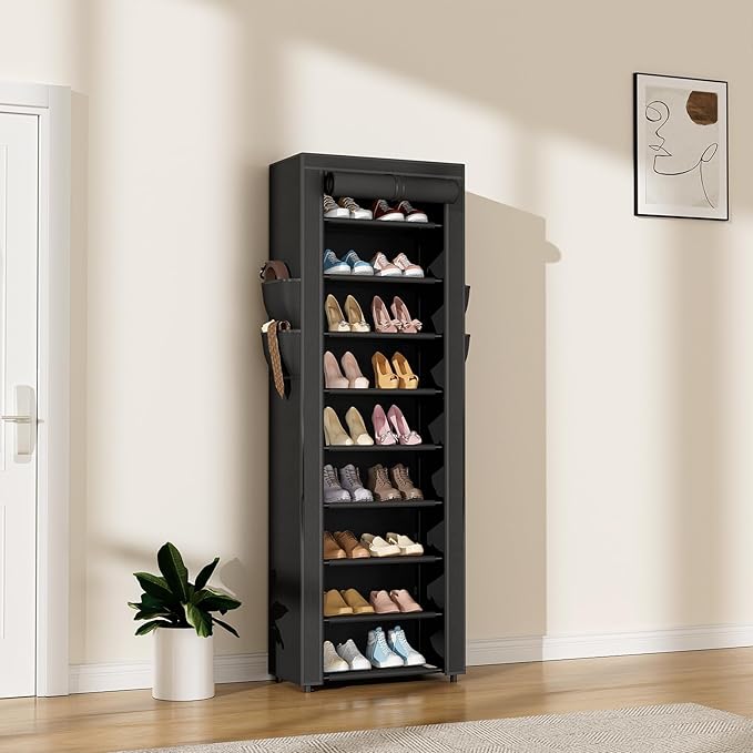 LANTEFUL Narrow Shoe Rack with Cover 10 Tier Tall Shoe Rack Organizer Large