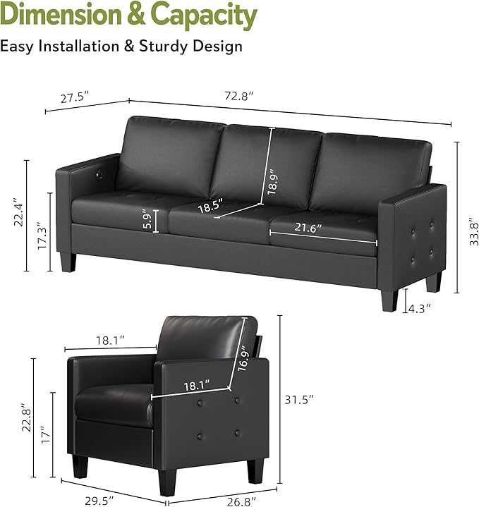 STHOUYN Black Faux Leather 3 Seater Sofa and Accent Chair, Modern Comfy Office