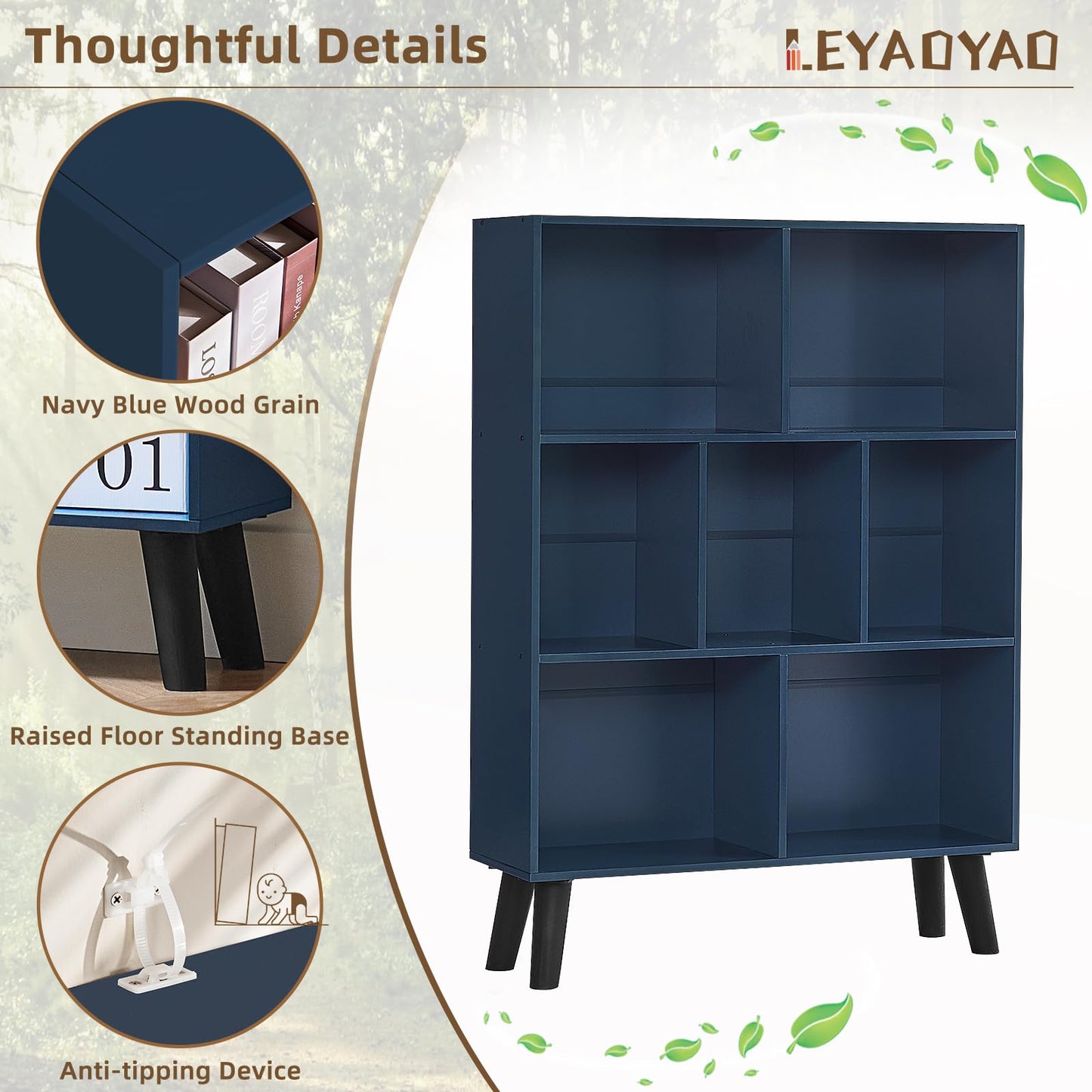 LEYAOYAO Cube Bookshelf 3 Tier Mid-Century Rustic Dark Blue Modern Bookcase with Legs,Retro Wood Bookshelves Storage Organizer Shelf,Freestanding Open Book Shelves for Bedroom,Living Room,Office