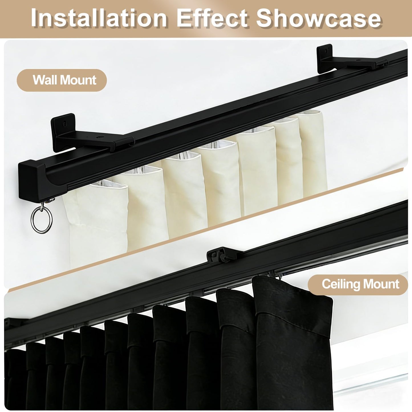 MaKefeile Ceiling Curtain Track, Heavy Duty Curtain Tracks System for Room Divider, Wall Mount Sliding Curtain Rail with Clip and Hooks Set for Living Room, Bedroom, Shower, Outdoor, Black, 3ft-6ft