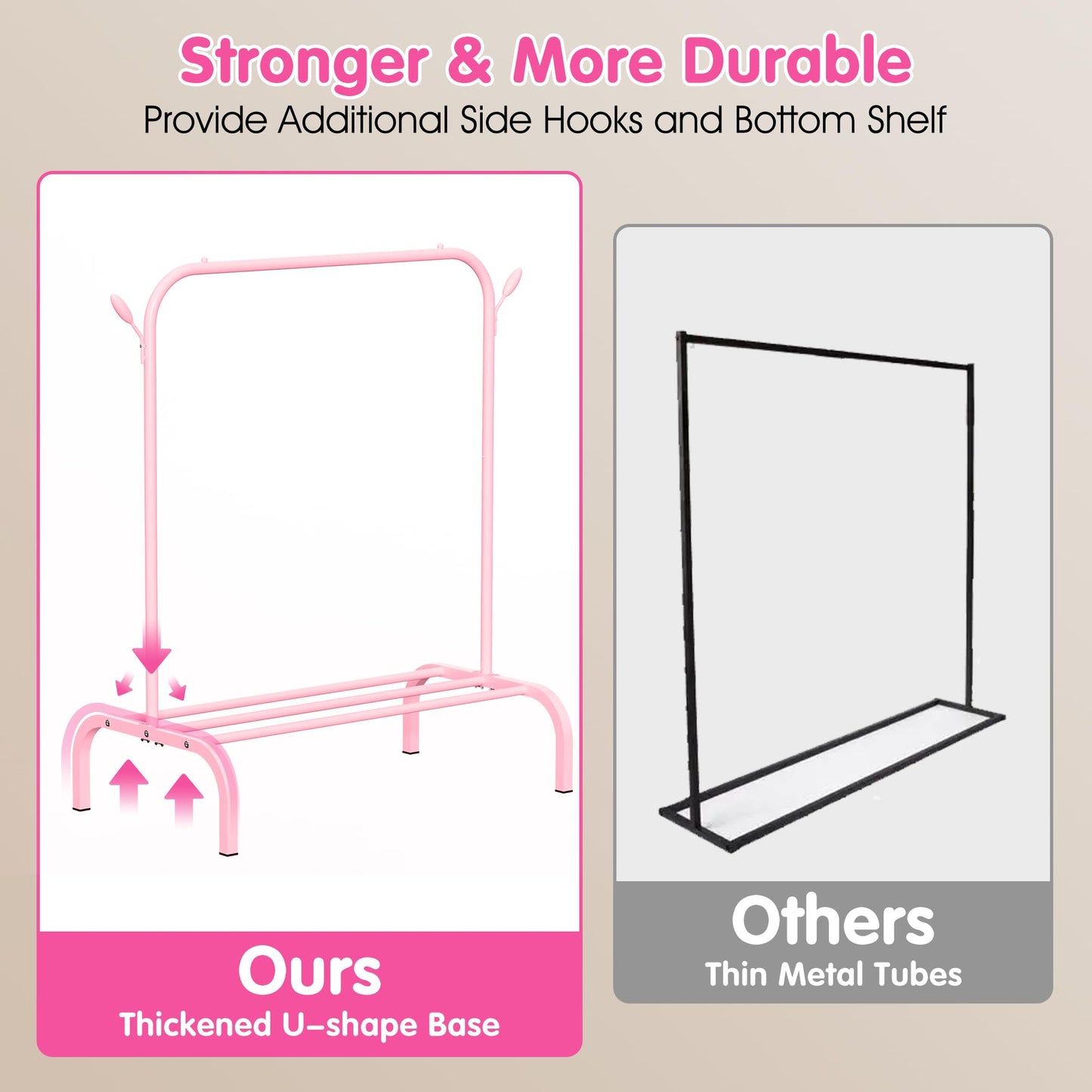 FLOUREE Kids Clothes Rack for Ages 3-6, Montessori Kids Clothing Rack with Bottom Shelf & Side Hooks, Toddler Wardrobe Rack for Bedroom, Playroom, Nursery and Small Room Storage, Pink