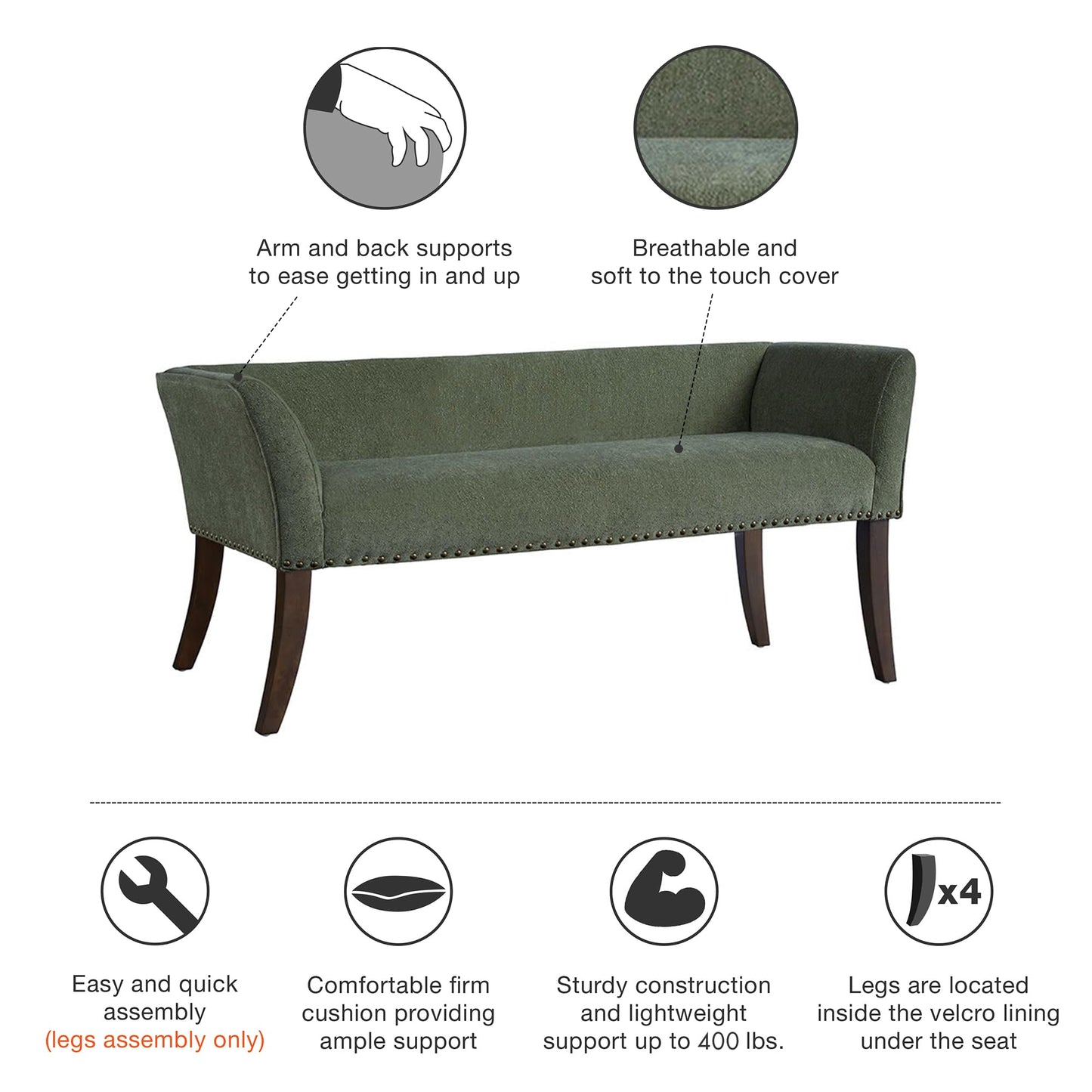 Madison Park Accent Bench, Plush Upholstered, Nailhead Trim, & Padded Seat Entryway Bench Small, End of Bed Bench with Back, 49.5" W x 19.25" D x 23" H, Green