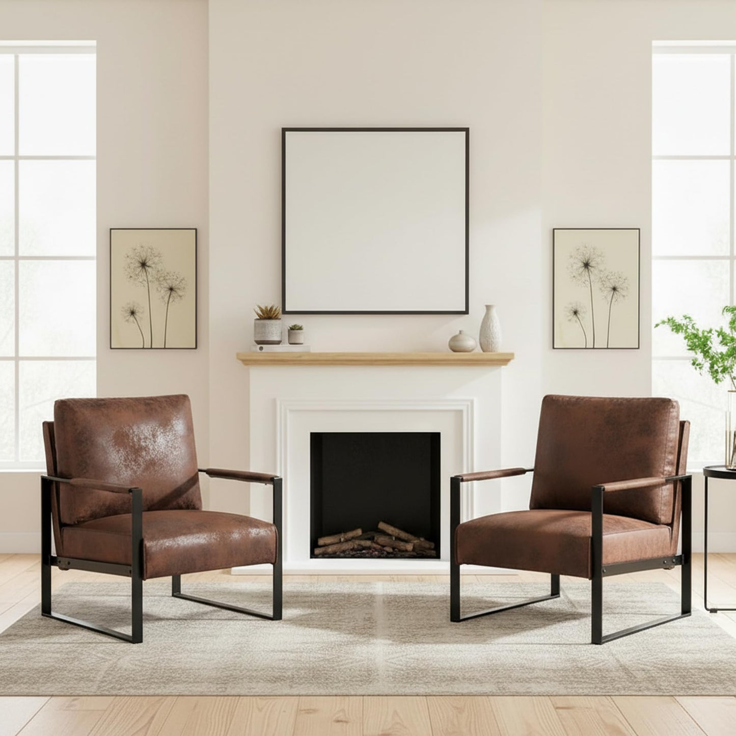 Container Furniture Classic Mid Century Modern Accent Chair with Durable Square Metal Frame, Armchair for Living Room, Bedroom, Home Office in Spotted Microfiber Upholstery, Brown