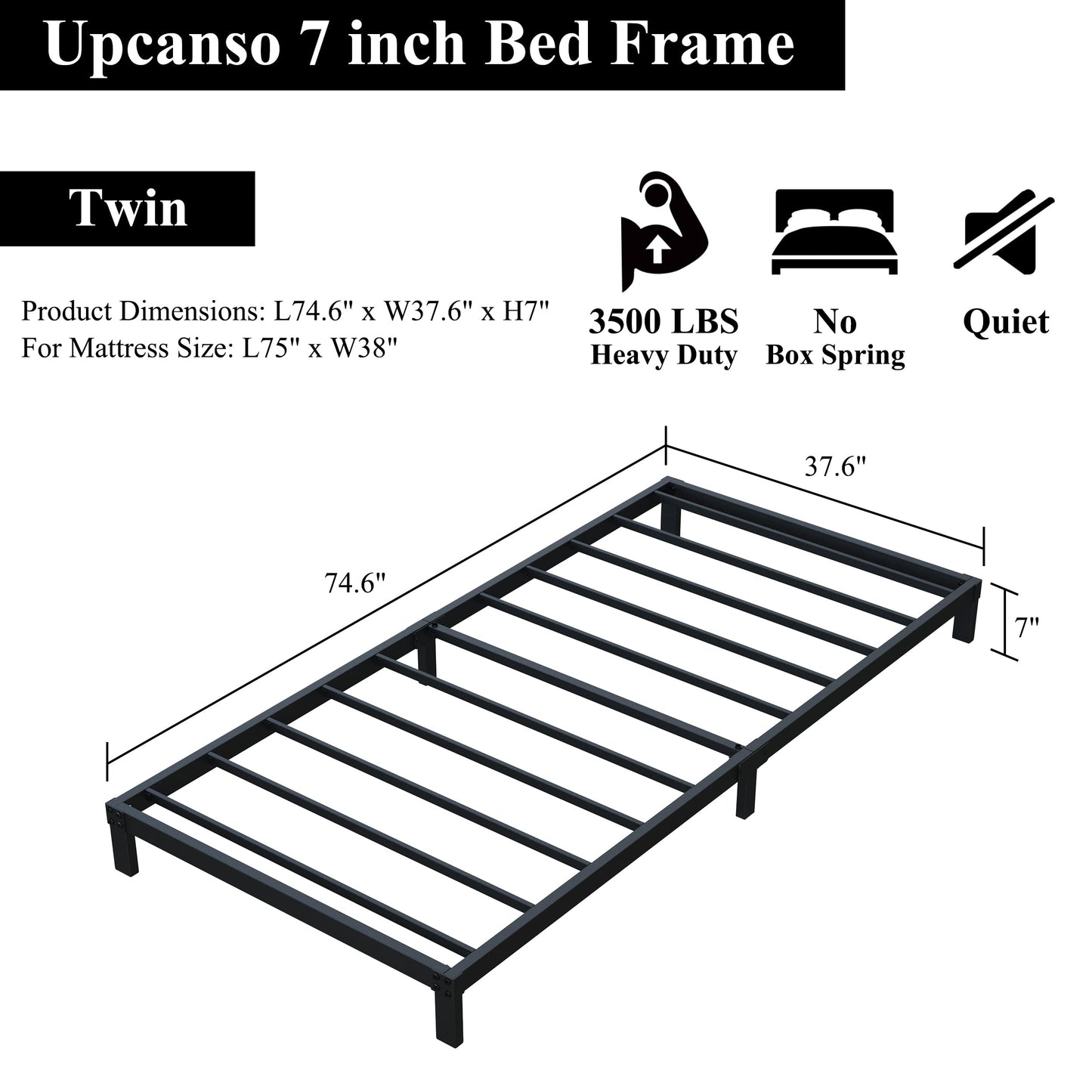 Upcanso 7 Inch Twin Bed Frames No Box Spring Need, Low Profile Metal Platform Twin Size Bed Frame, Heavy Duty Support Bedframes Twin, Easy Assembly