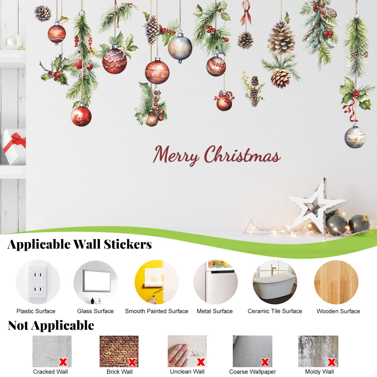 MeyRolizn Merry Christmas Light Ball Pinecone Wall Decals, Peel and Stick Christmas Window Clings, Decorations Wall Stickers for Room Kitchen Bathroom Party Holiday Decoration (Red)