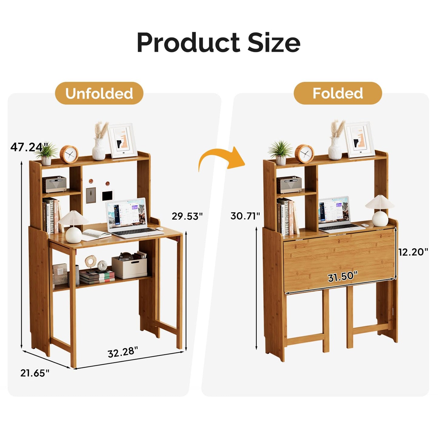 Usofhaus Bamboo Folding Desk with Bookshelf, Compact Computer Desk with Hutch for Small Spaces, Foldable Desk with Storage Shelf, Space-Saving Home Office Desk for Bedroom, Dorm, Apartment,Brown
