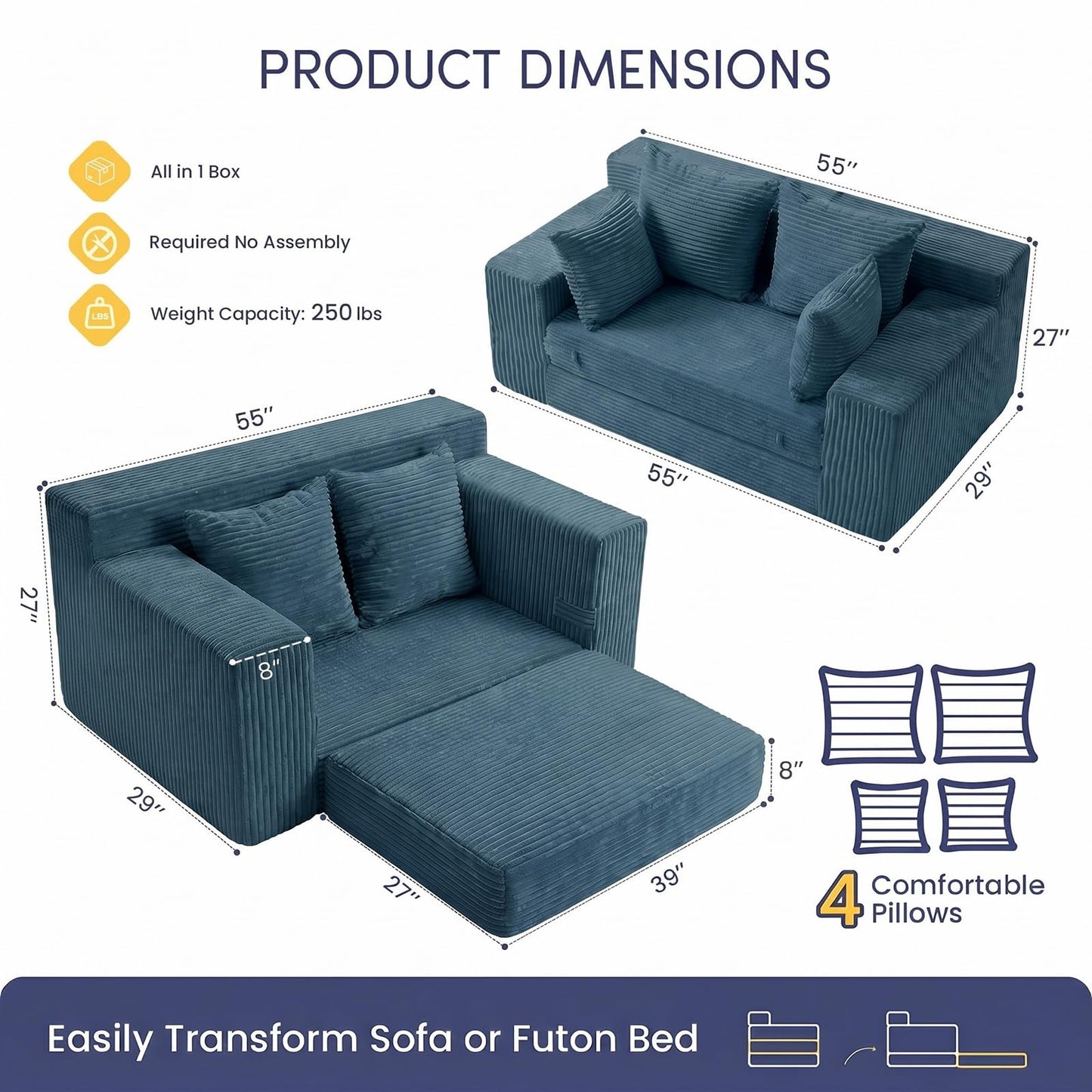 cidludto Convertible Sofa Bed, Boneless Couch 2 in 1 Loveseat Folding Couch Bed Foldable, Chair Bed & Futon Sofa Bed, Small Corduroy Pull Out Sofa with 4 Pillows for Living Room, Blue